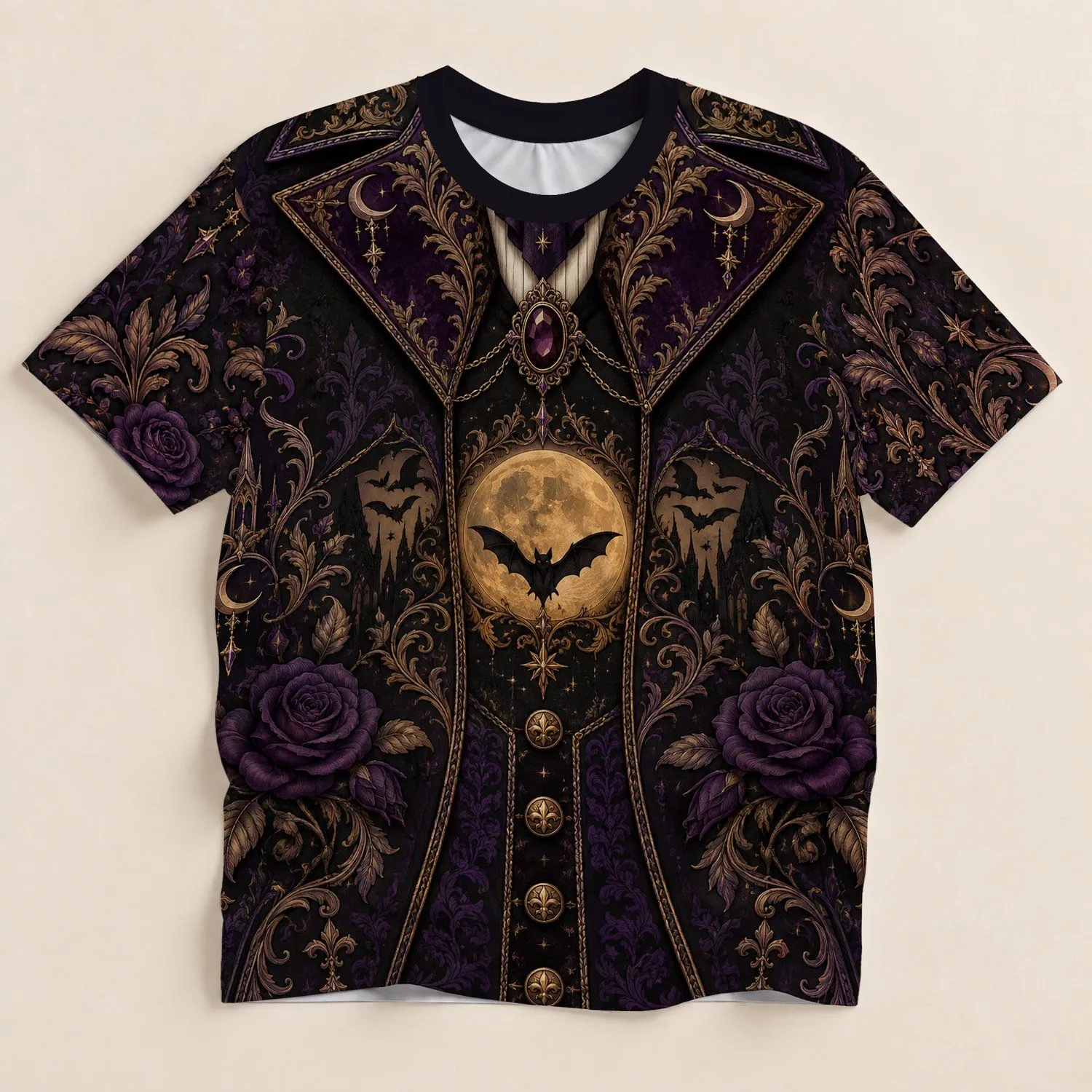 Gothic Bat Moon Rose Suit Motif for Halloween Night Celebrations All-over Print Unisex T-shirt - 1