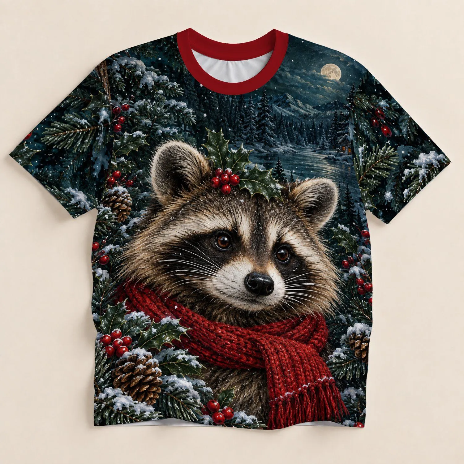 Snowy Woodland Raccoon With Holly For Cozy Winter Evenings And Nature Lovers All-over Print Unisex T-shirt - 1