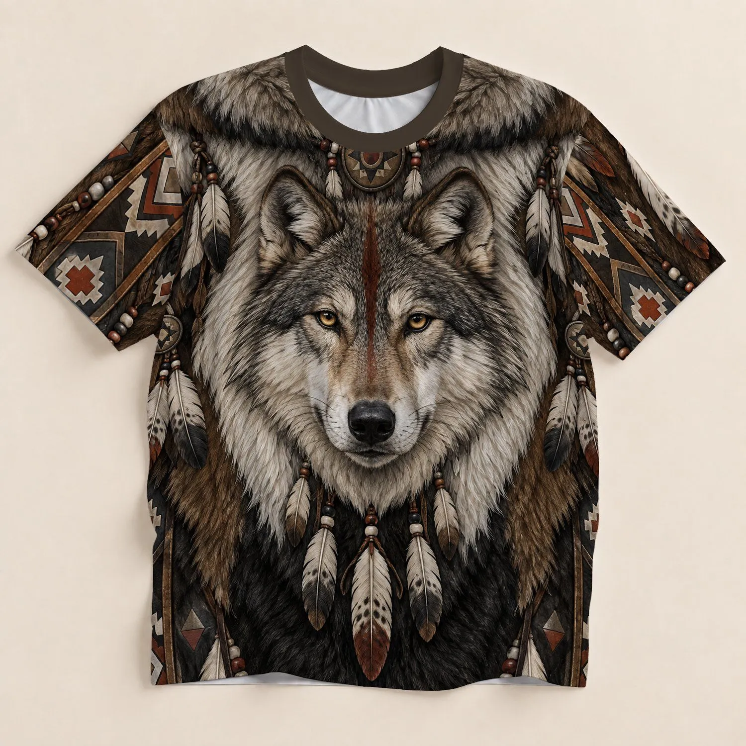Autumn Wolf Portrait With Rustic Woodland Details For Cozy Winter Outdoor Style All-over Print Unisex T-shirt - 1