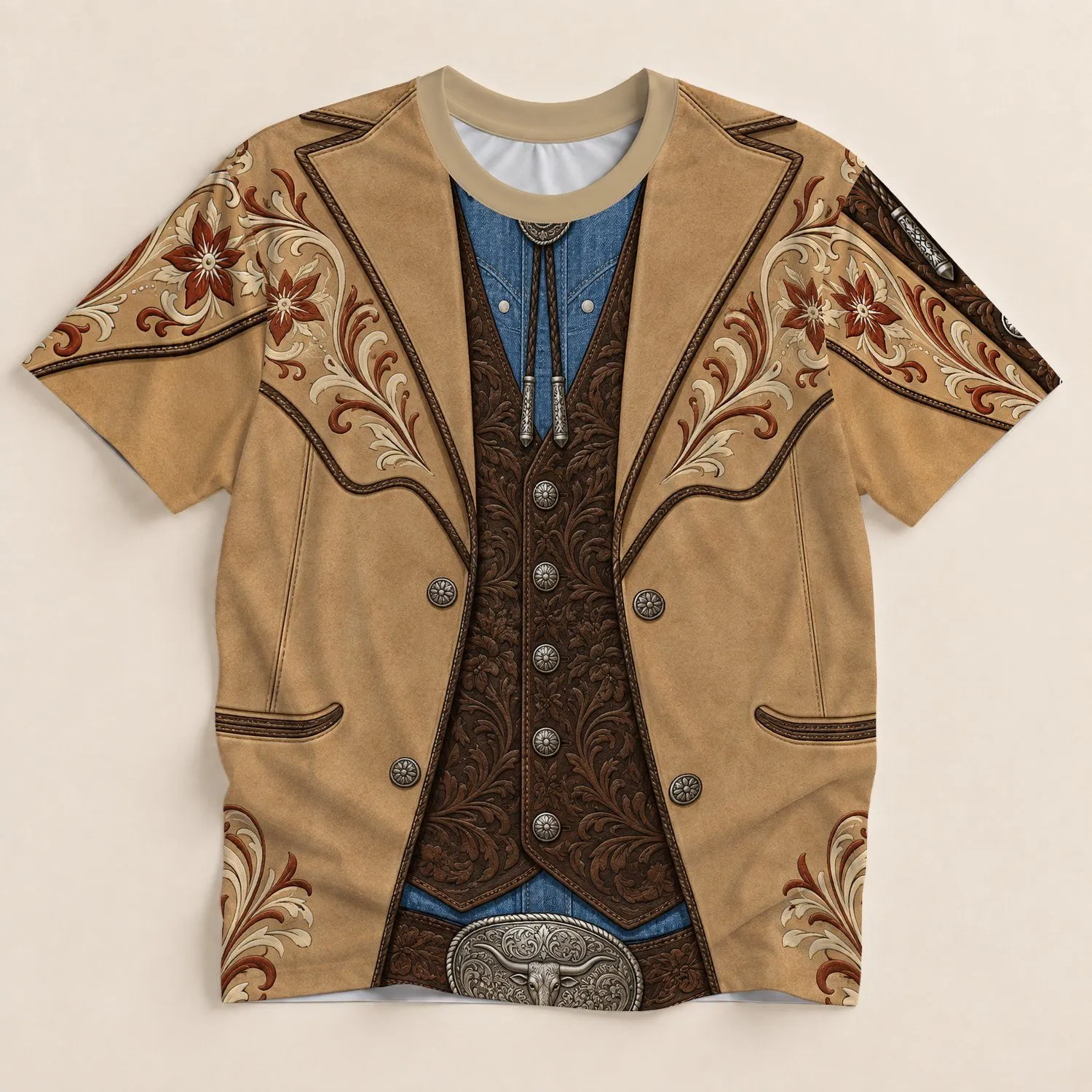 Western Faux Three-Piece Ranchwear Style for Ranch Days, Country Concerts and Travel All-over Print Unisex T-shirt - 1