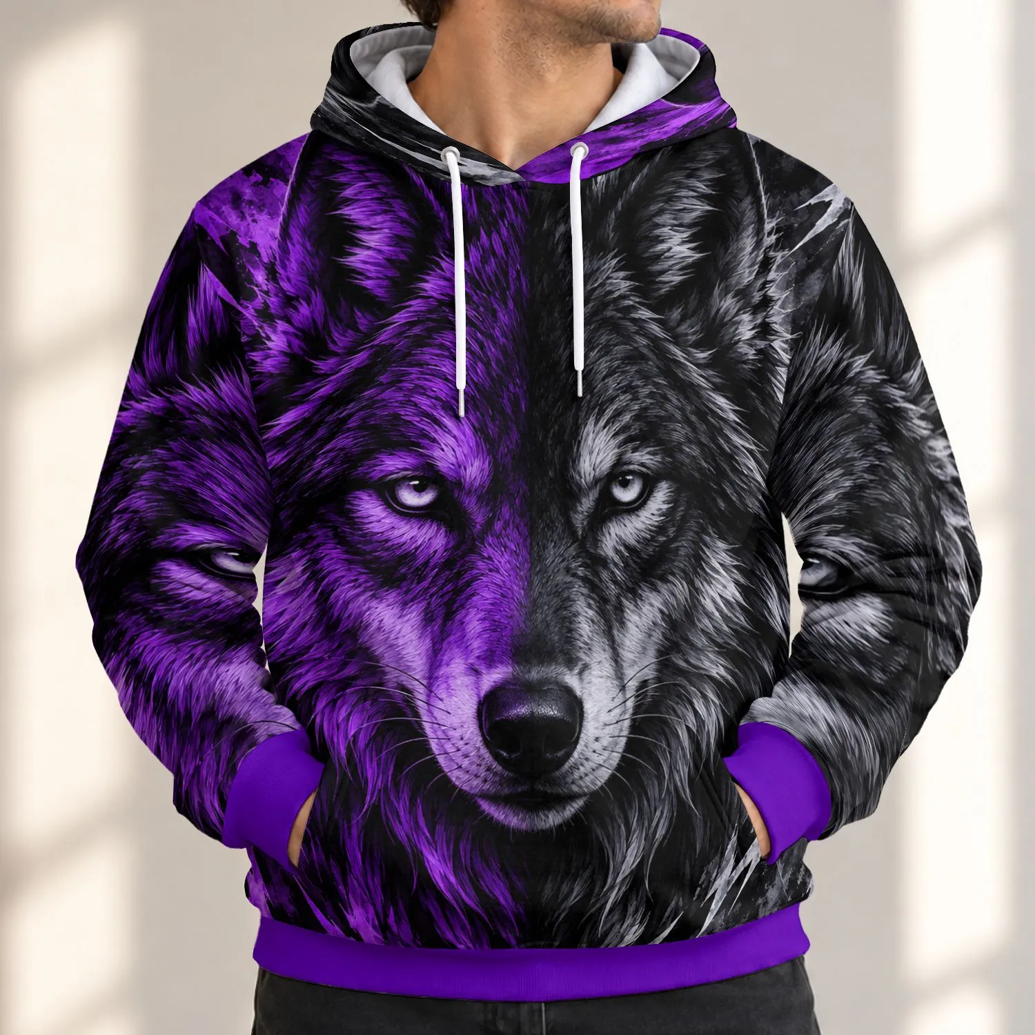 Split-Face Wolf Portrait for Bold Outdoor Style and Everyday Casual Wear for Wildlife Fans All-over Print Hoodie (Lightweight) - 1