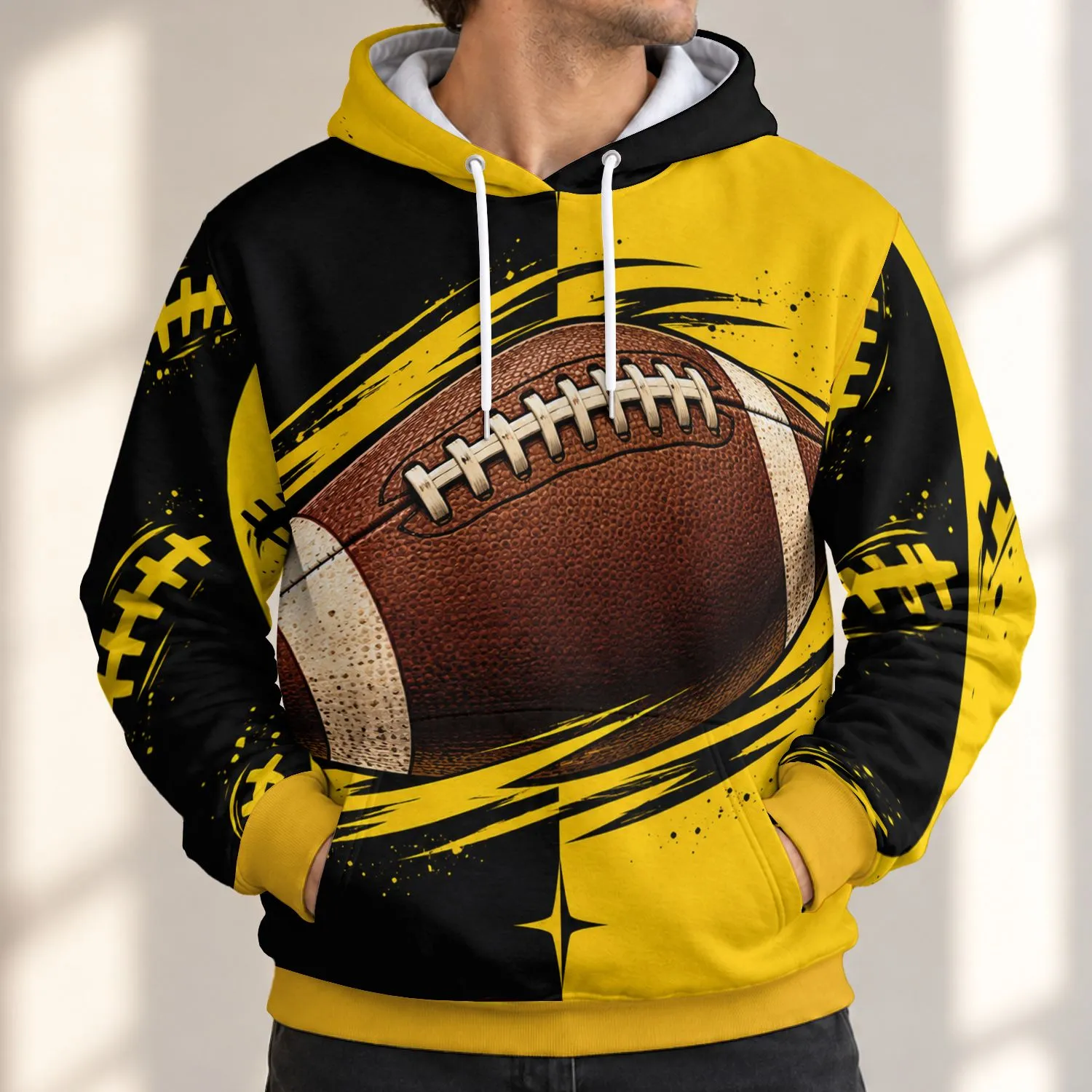 Split Black And Golden Football With Starbursts For Game Day And Casual Weekend Wear All-over Print Hoodie (Lightweight) - 1