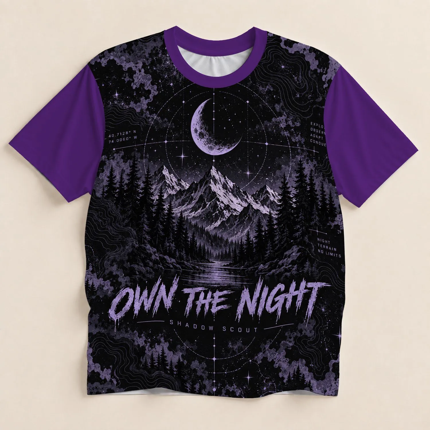Moonlit Mountain Night Adventure for Halloween Hiking and Outdoor Exploration Lovers All-over Print Unisex T-shirt - 1