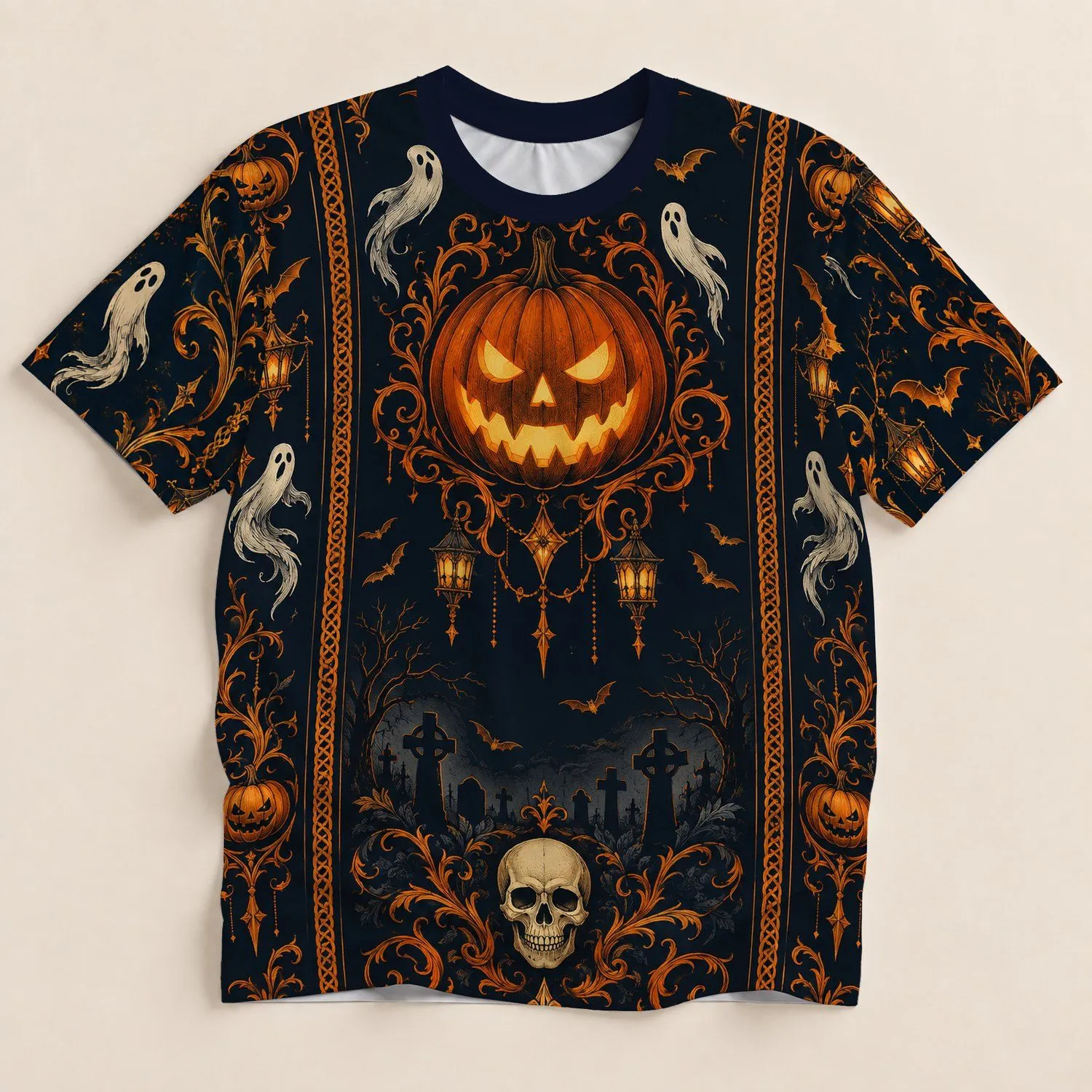 Halloween Jack-o'-Lanterns, Ghosts and Bats for Spooky Season Parties and Nighttime Fun All-over Print Unisex T-shirt - 1