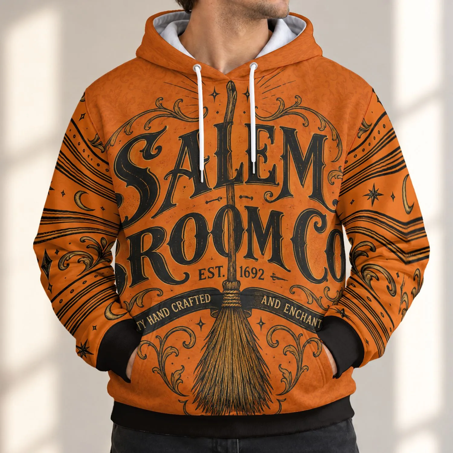 Vintage Salem Broom Co. Halloween Keepsake for Autumn Night Celebrations All-over Print Hoodie (Lightweight) - 1