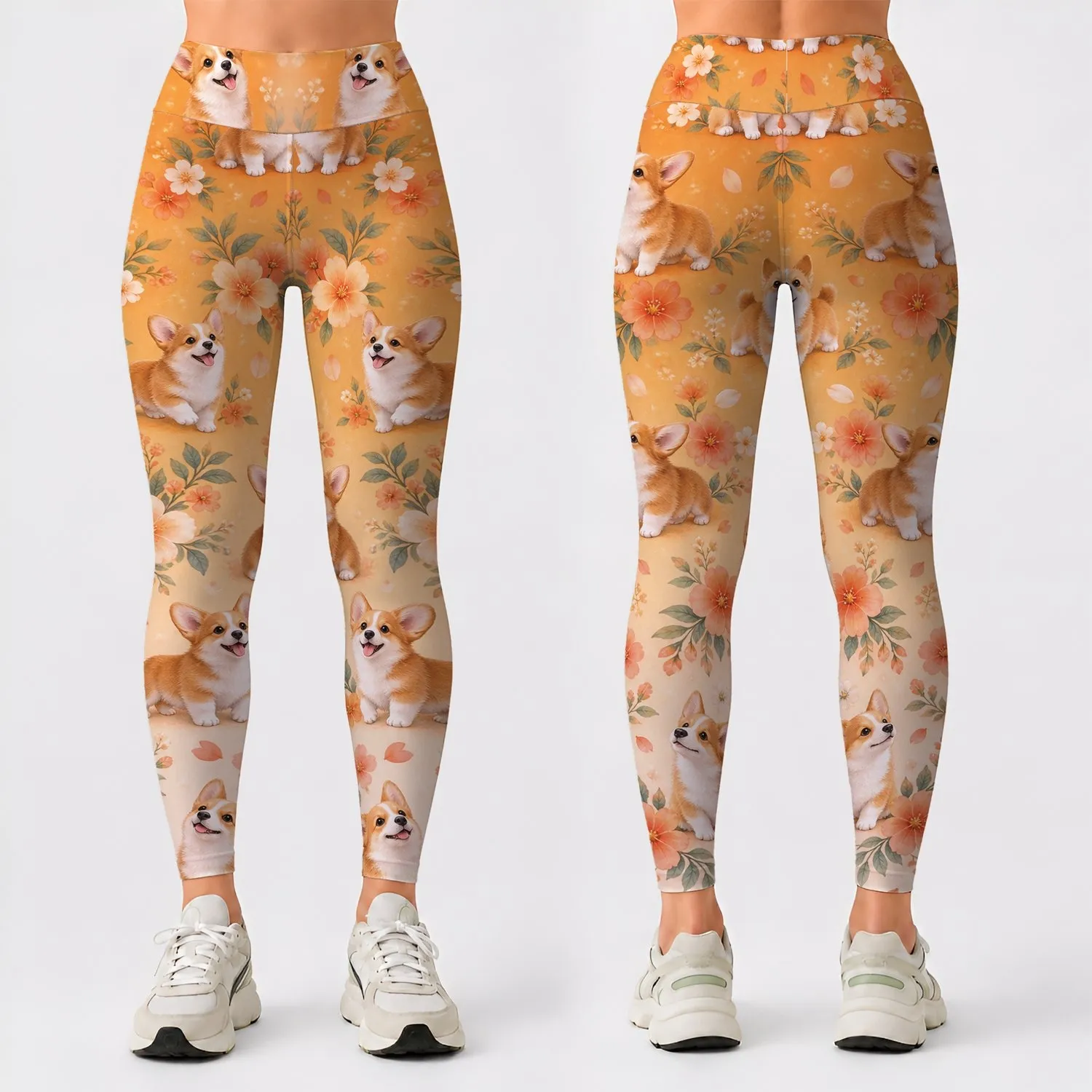 Warm Orange Corgi Puppies for Yoga, Running, Gym Days and Everyday Fitness Wear Style Leggings - 1
