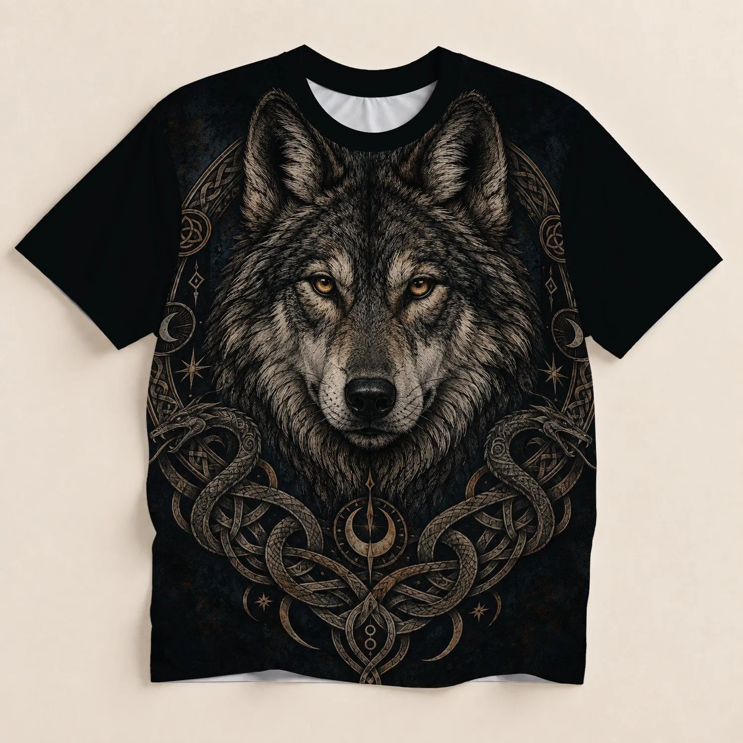 Engraved Wolf and Nordic Knotwork for Gothic Folklore Fans and Night Out Style All-over Print Unisex T-shirt - 1