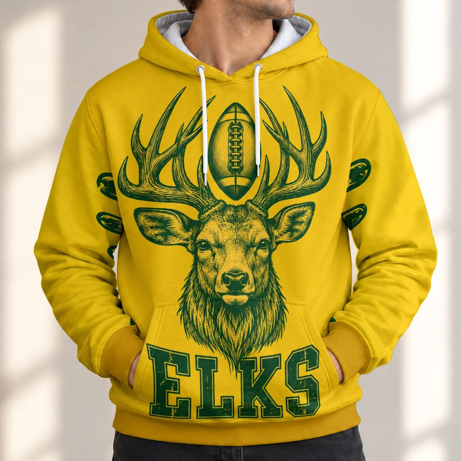 Elk Head with Football Between Antlers for Autumn Game Day and Outdoor Fans All-over Print Hoodie (Lightweight) - 1