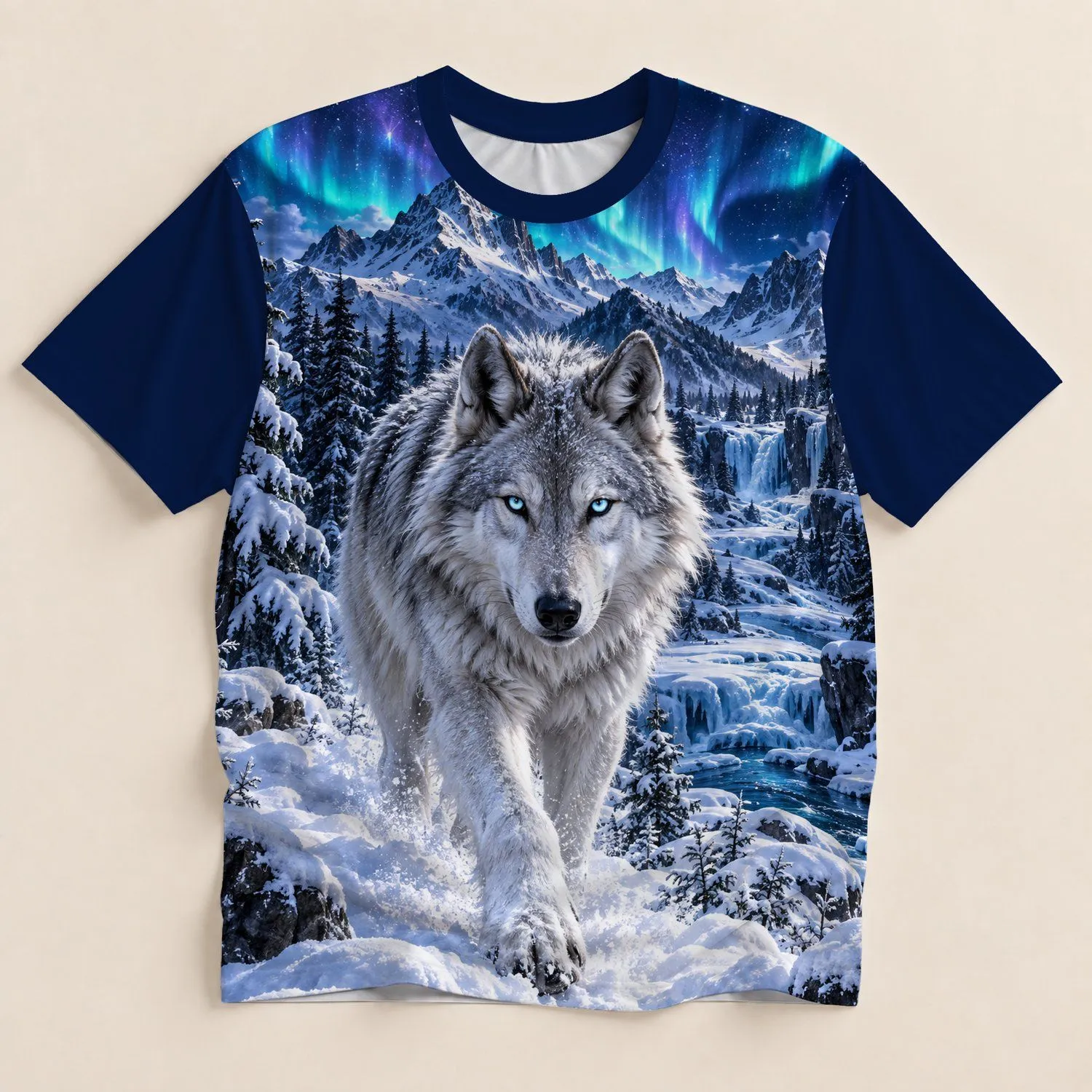 A realistic silver-white wolf in a snowy mountain forest beneath a turquoise and violet aurora. All-over Print Unisex T-shirt - 1