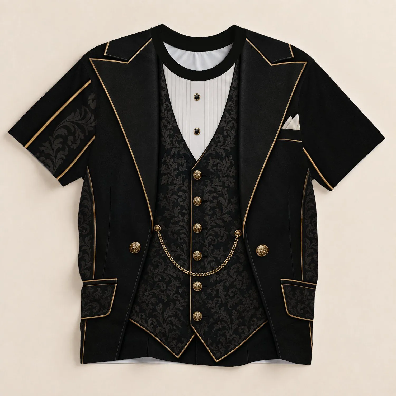 Black Tuxedo Waistcoat With Gold Trim For Weddings And Formal Banquets All-over Print Unisex T-shirt - 1