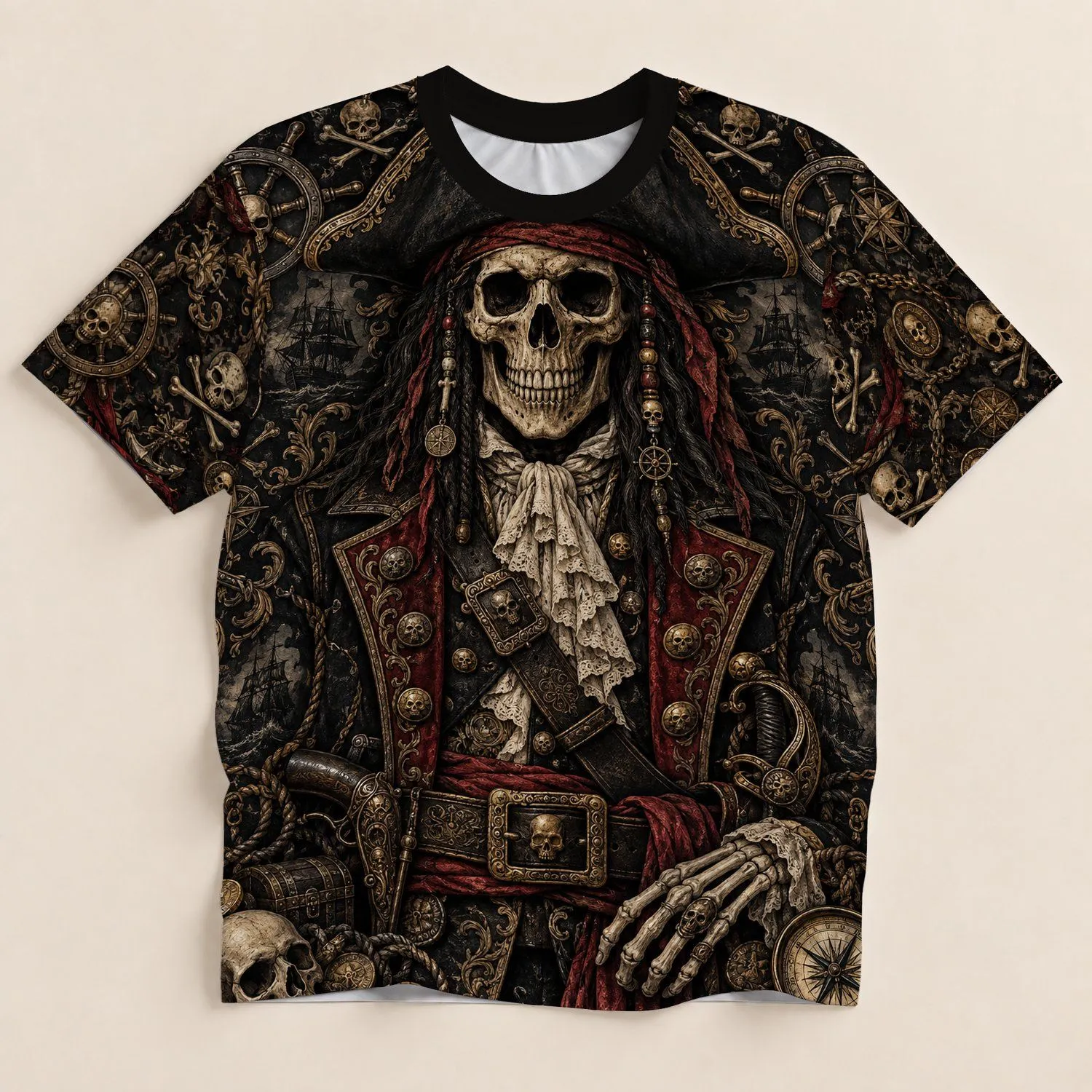 Skeleton Pirate Skull and Treasure for Halloween Parties and Nautical Adventure Fans All-over Print Unisex T-shirt - 1