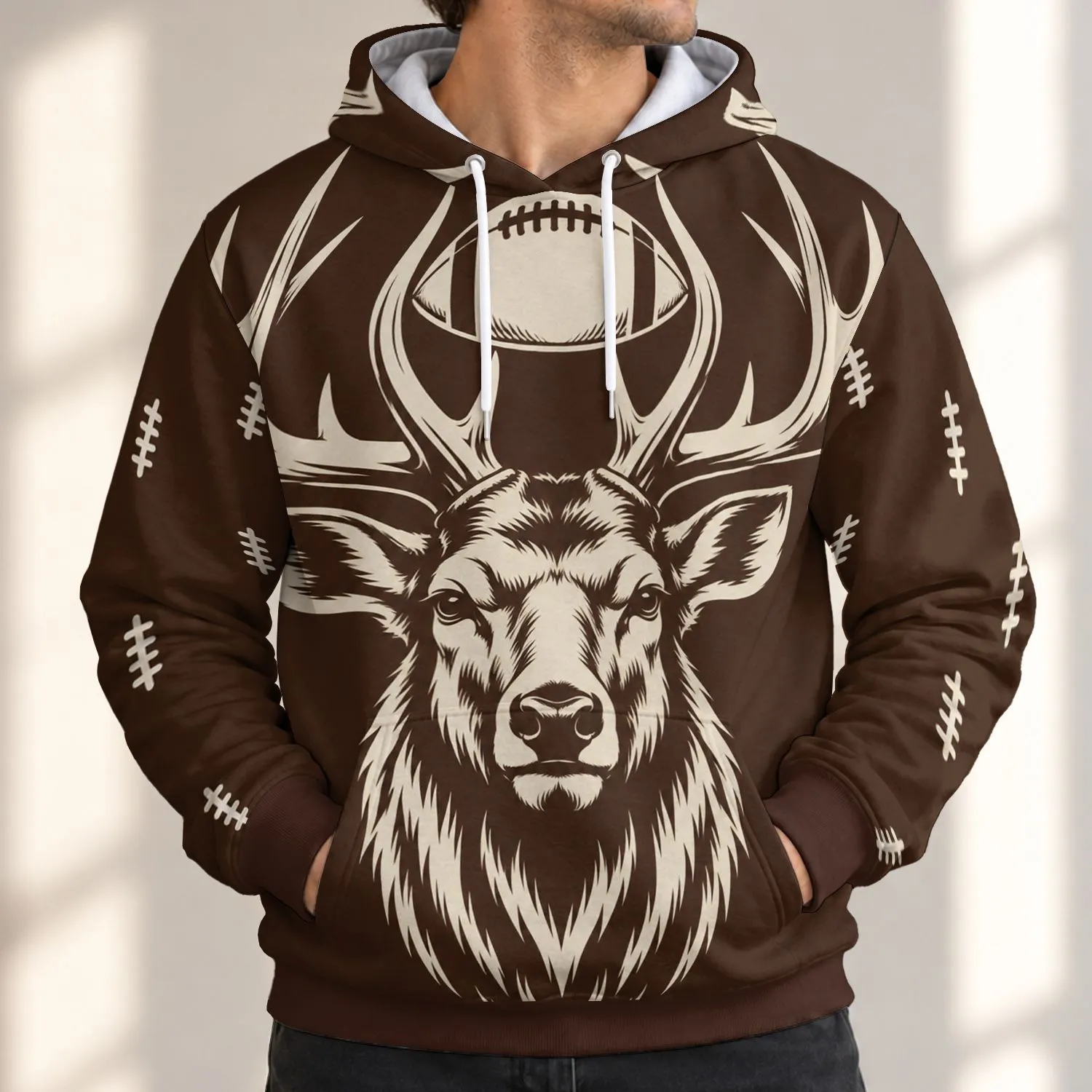 Elk Head With Football Antlers For Autumn Game Day And Outdoor Casual Wear All-over Print Hoodie (Lightweight) - 1