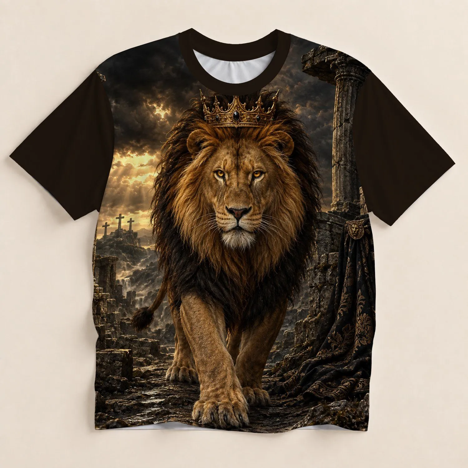 Regal Crowned Lion Amid Ancient Ruins for Outdoor Adventure and Everyday Wear All-over Print Unisex T-shirt - 1