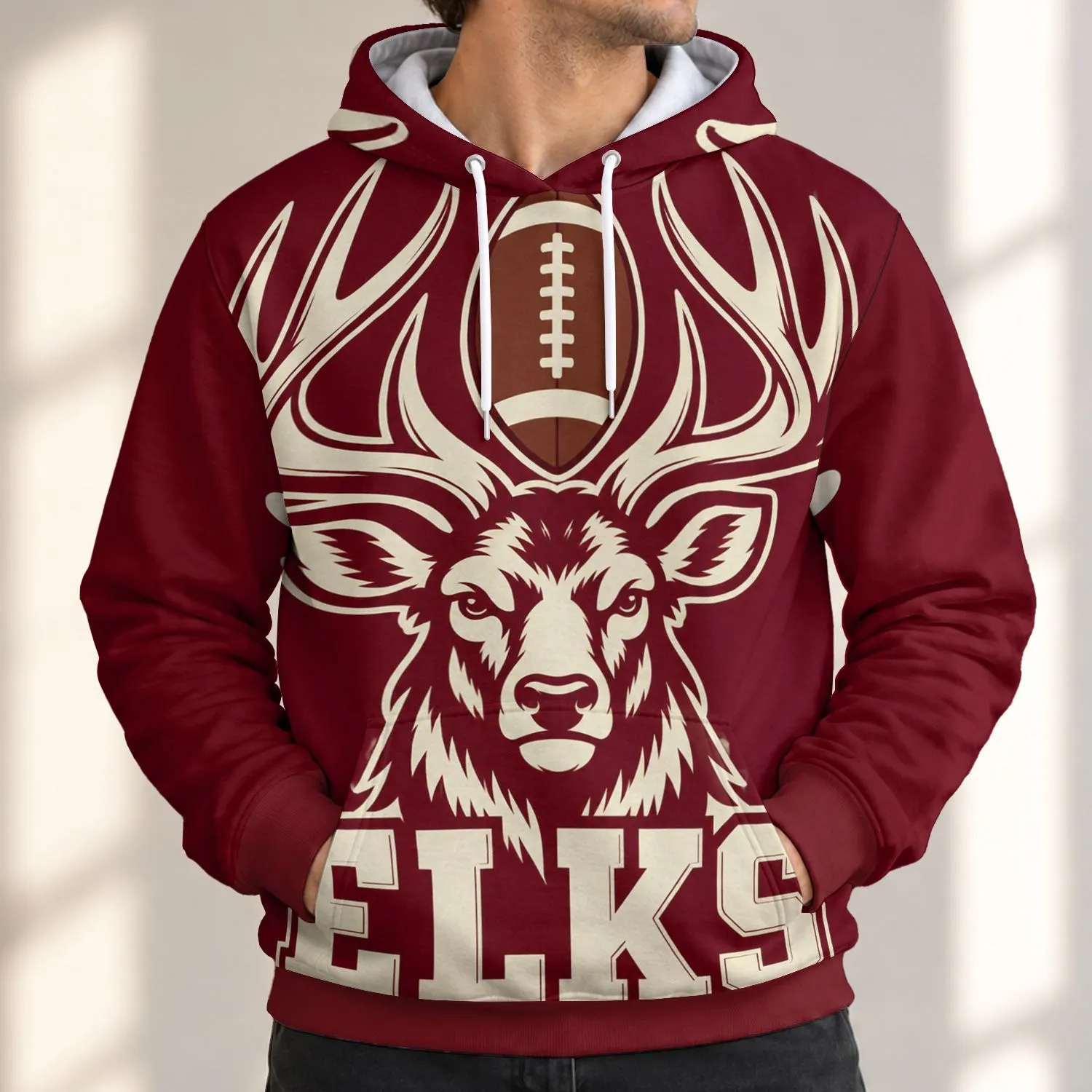 Elk Head And Football Antlers For Autumn Game Day And Casual Fan Style All-over Print Hoodie (Lightweight) - 1
