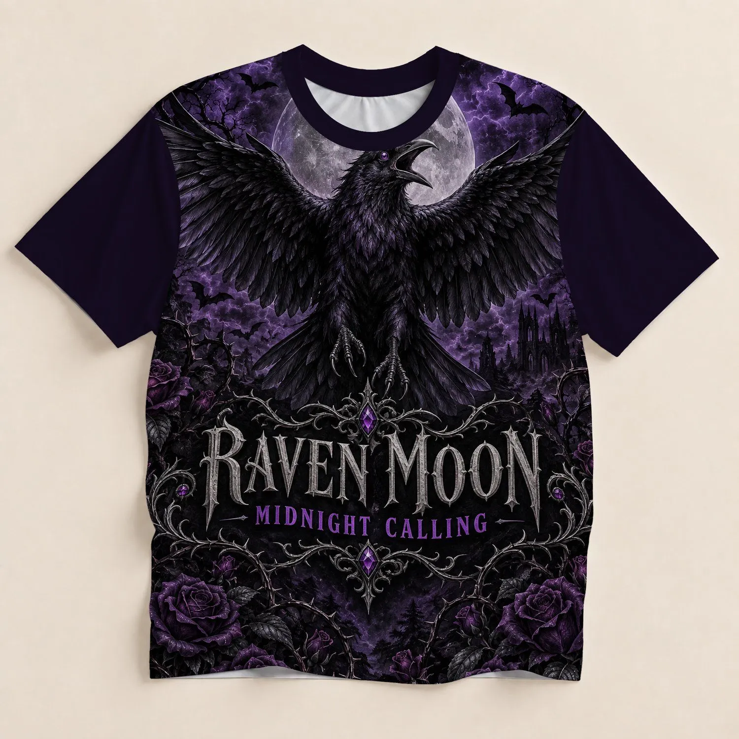 Gothic Raven and Full Moon for Dark Academia Nights and Alternative Style Lovers All-over Print Unisex T-shirt - 1