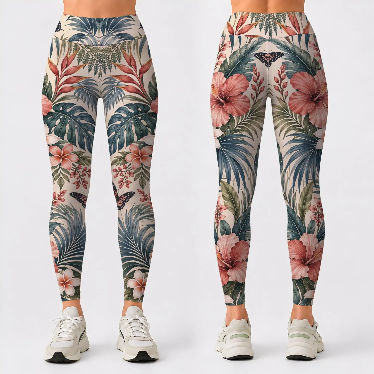 Tropical Palm Leaves and Pink Hibiscus for Yoga, Pilates and Resort Days Leggings - 1