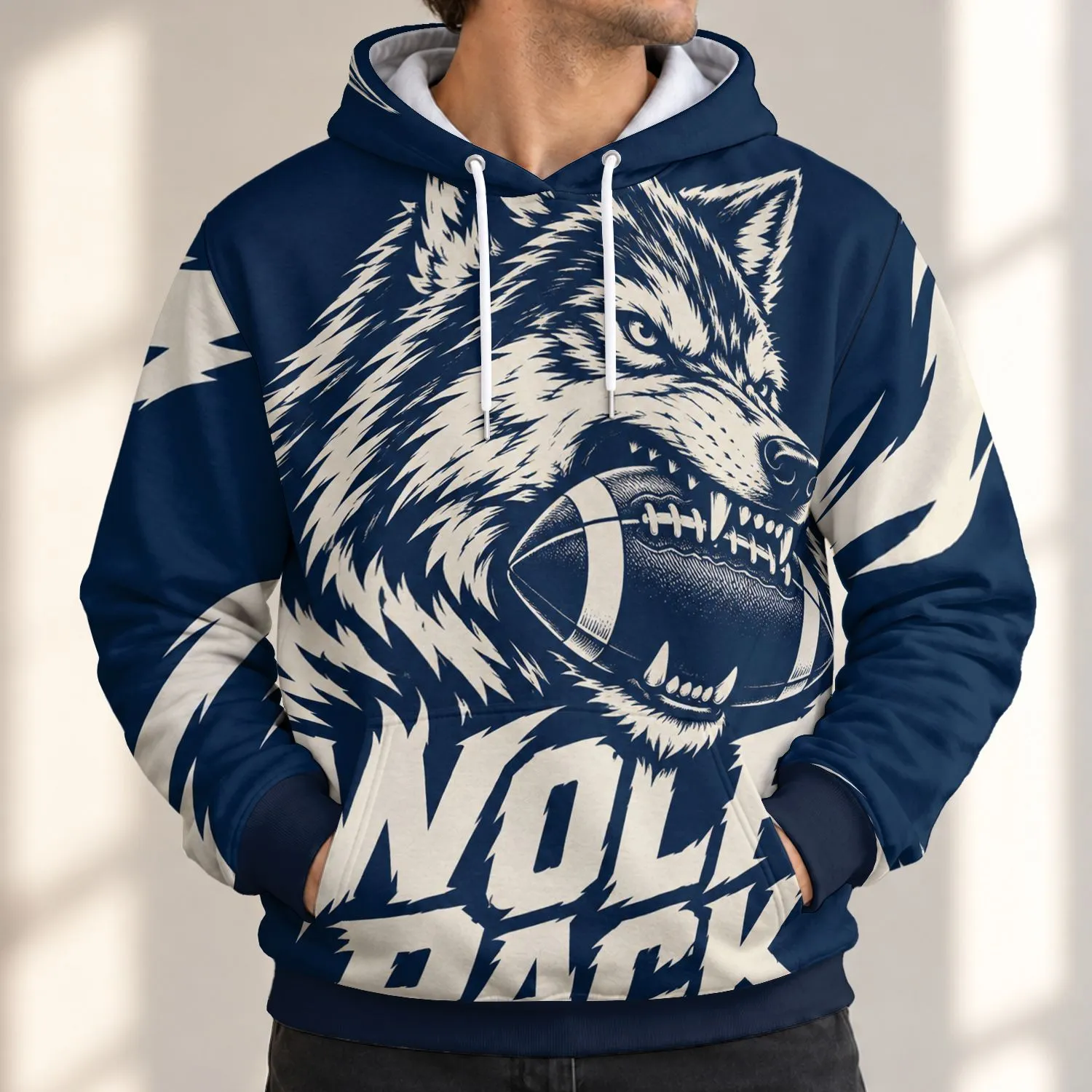 Fierce Wolf Biting Football for Game Day, Tailgates and Casual Weekend Wear Fans All-over Print Hoodie (Lightweight) - 1