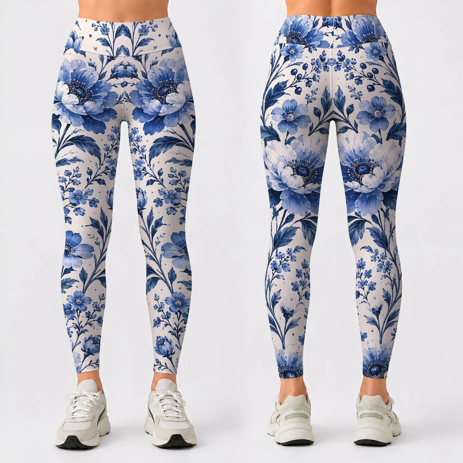 Blue White Wildflower Blooms for Yoga Pilates and Everyday Wear Leggings - 1
