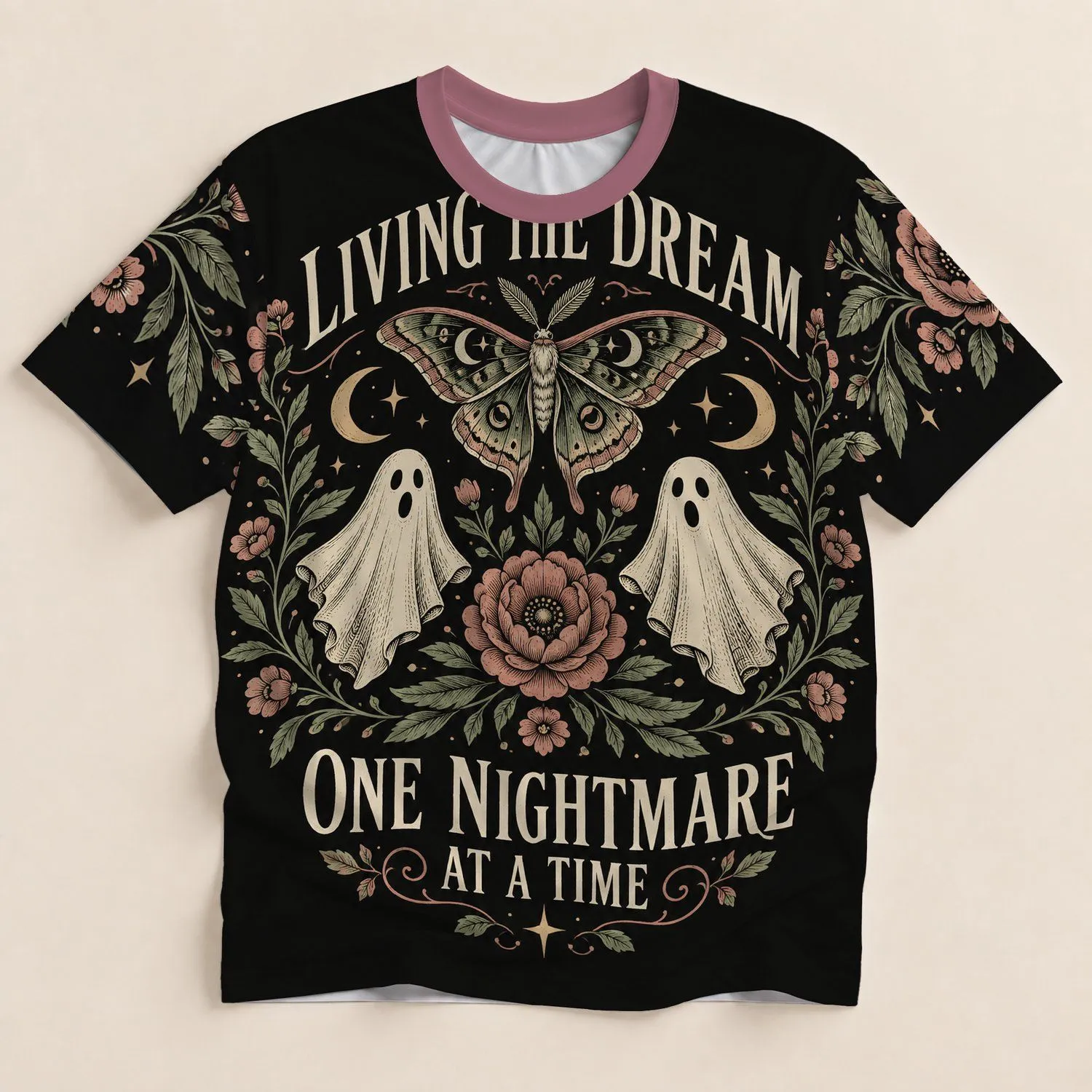 Cute Ghosts, Moth And Moonlit Florals For Spooky Season Halloween Celebrations All-over Print Unisex T-shirt - 1
