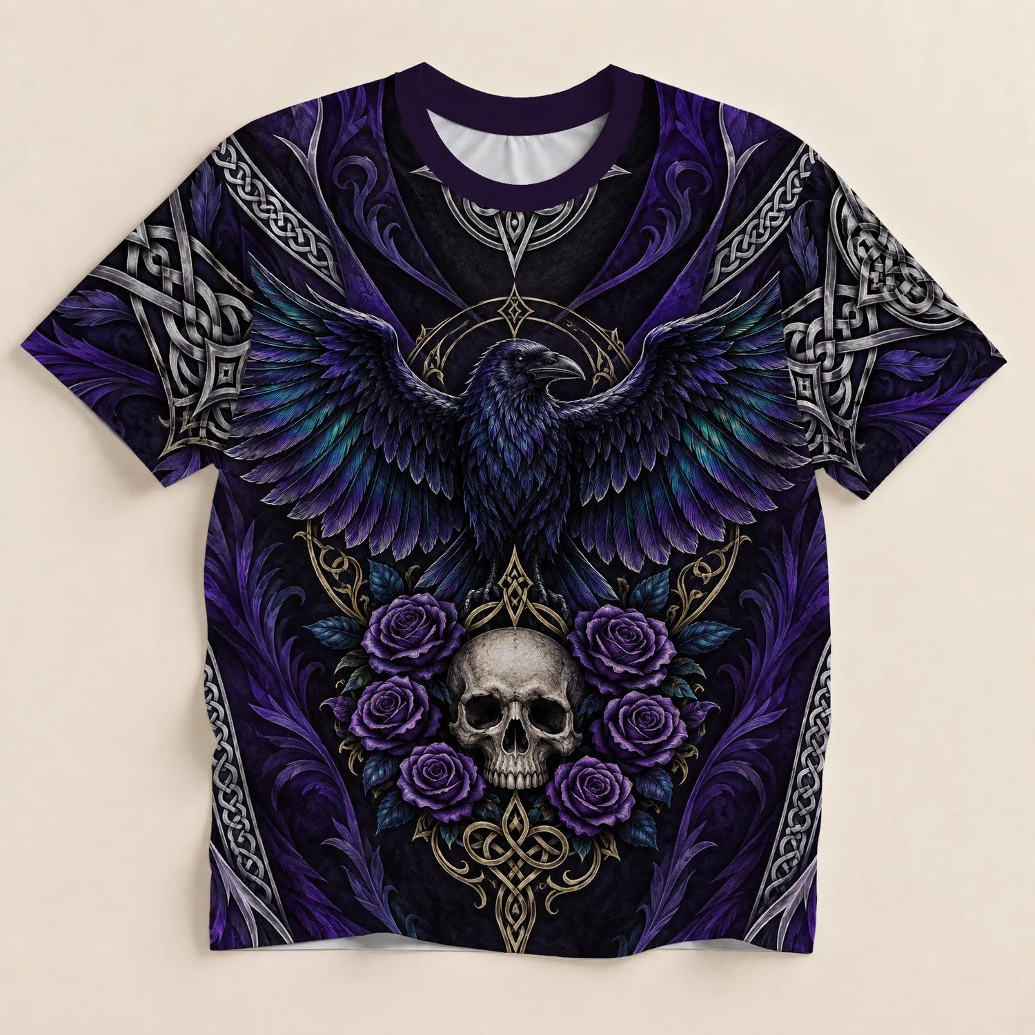 Raven Skull and Violet Roses for Alternative Gothic Style Enthusiasts All-over Print Unisex T-shirt - 1