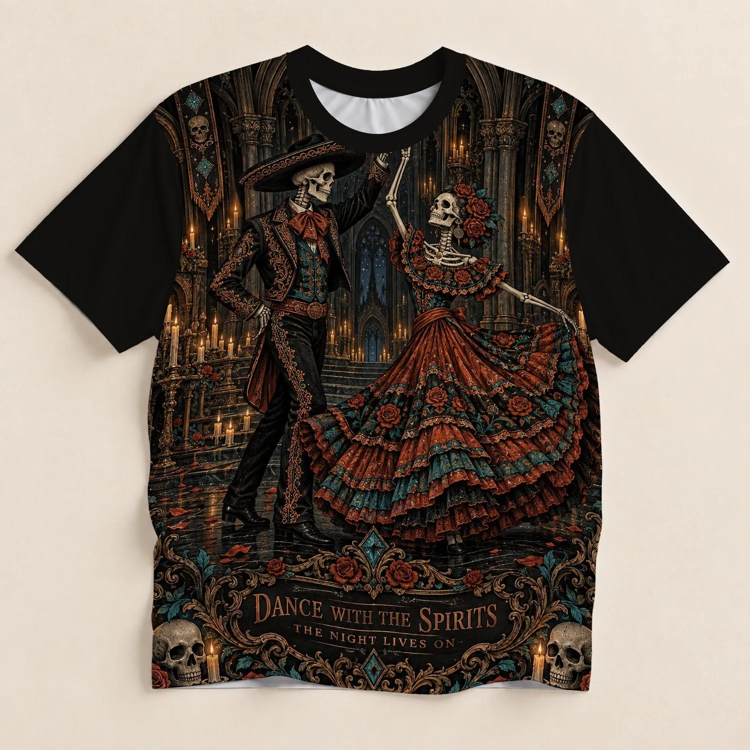 Sugar Skull Couple Dancing Among Roses for Halloween Nights and Day of the Dead Gatherings All-over Print Unisex T-shirt - 1