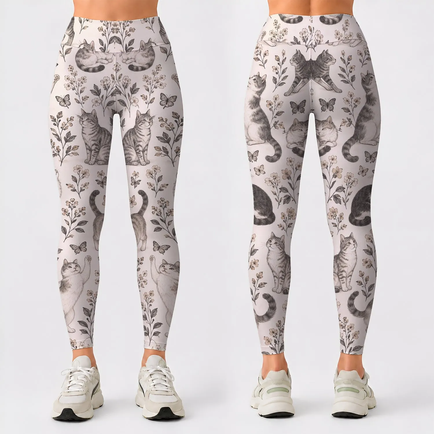 Ivory Cat Doodle Motifs for Yoga, Pilates and Everyday Errands for Cat Lovers Leggings - 1