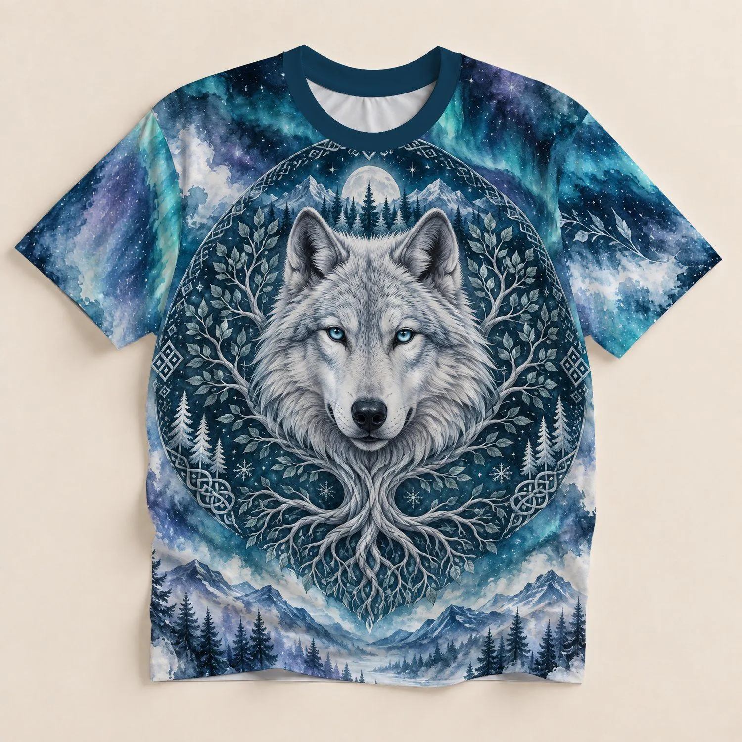 Aurora Wolf And Tree Of Life For Bohemian Woodland Lovers And Winter Days All-over Print Unisex T-shirt - 1