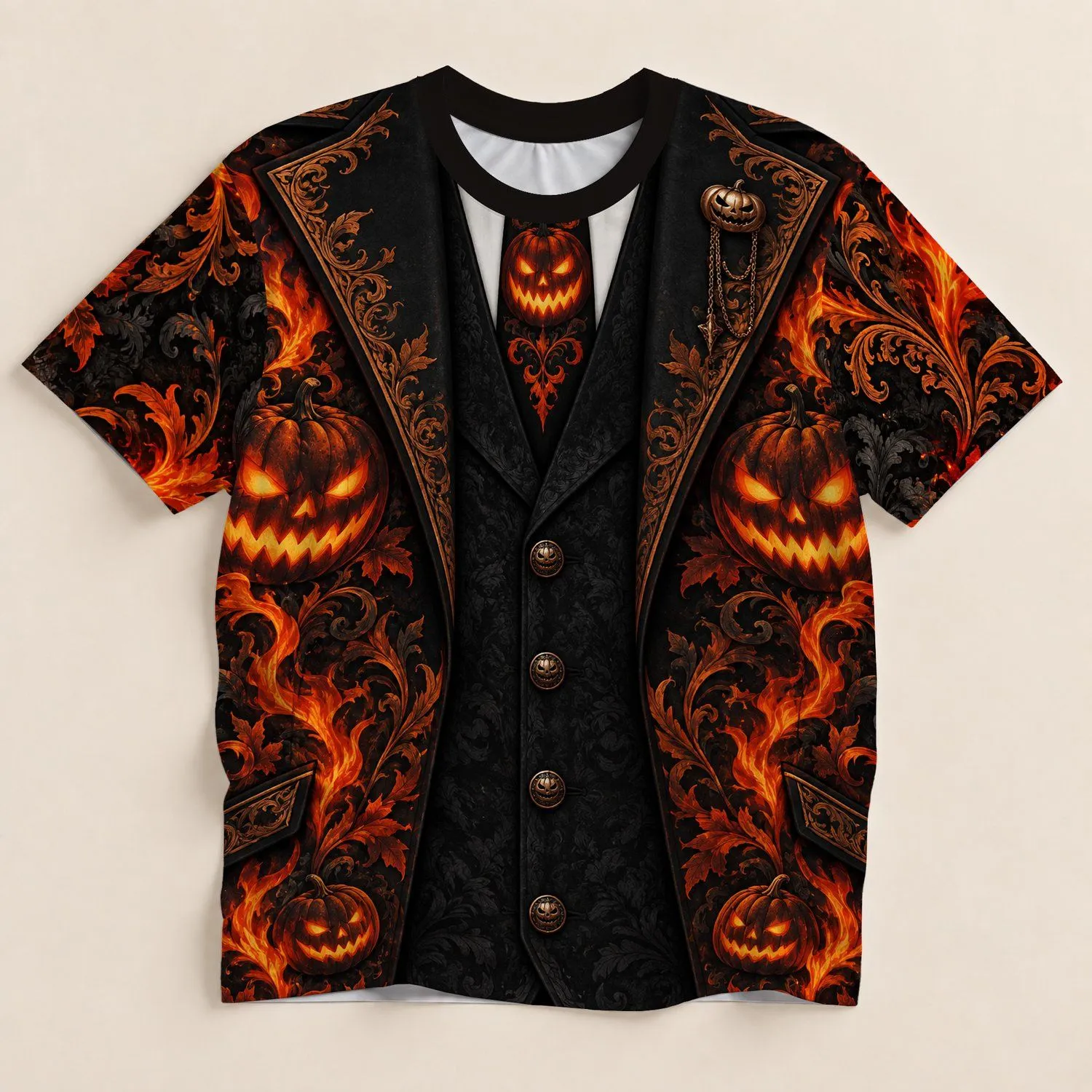 Jack-o'-Lantern Flame Tuxedo for Halloween Cosplay Parties and Spooky Night Events All-over Print Unisex T-shirt - 1