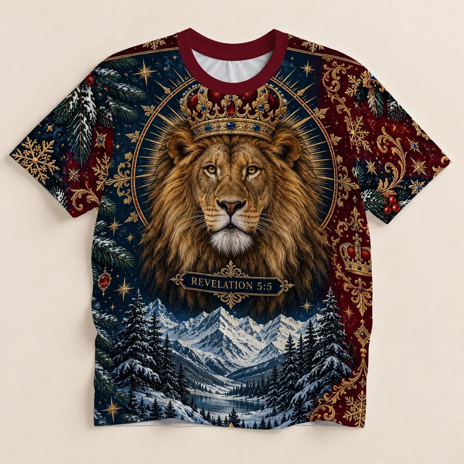 Crowned Lion Scripture Revelation 5:5 for Faithful Winter Gatherings and Holiday Events All-over Print Unisex T-shirt - 1