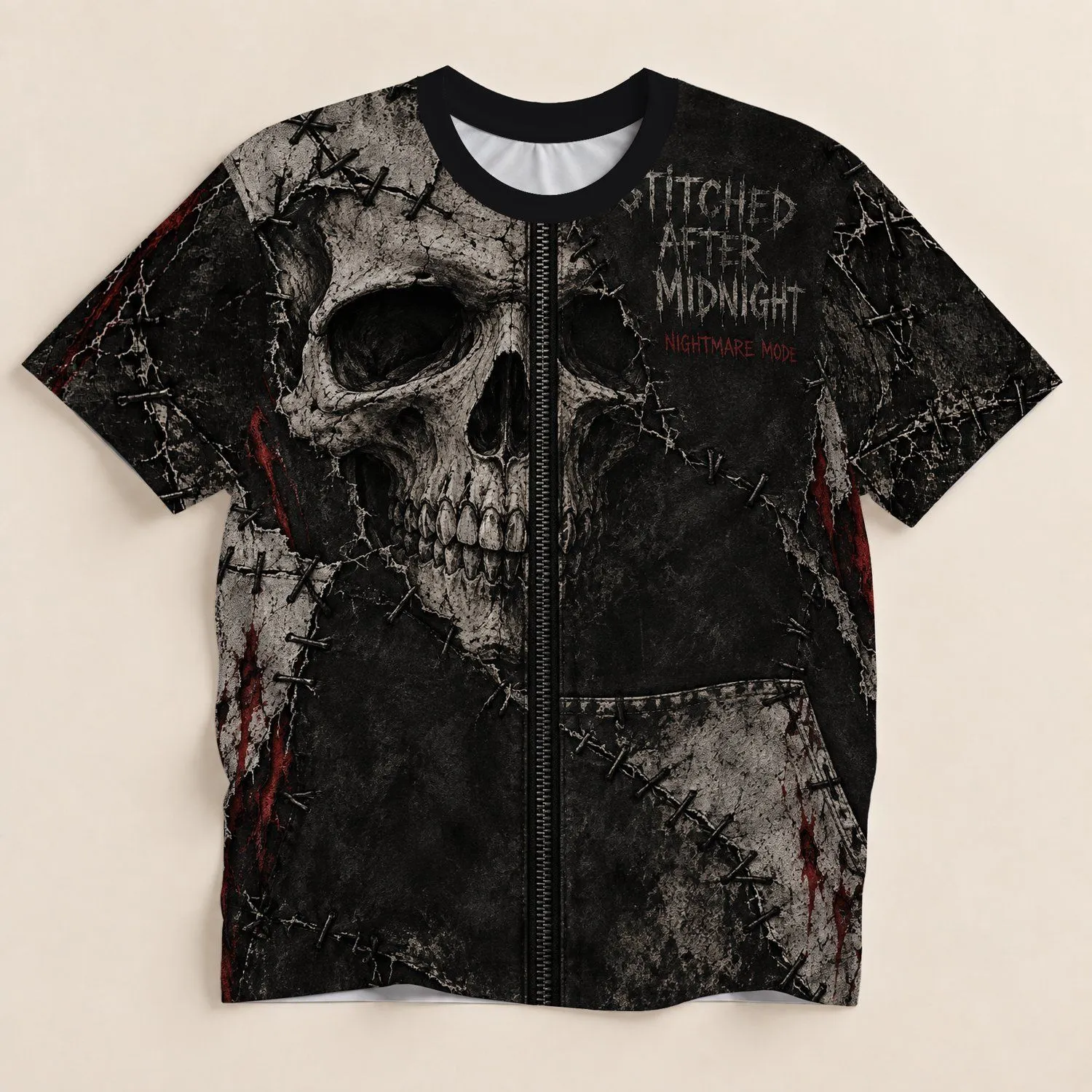 Distressed Skull and Stitched Patchwork for Halloween Nightmares and Gothic Style Fans All-over Print Unisex T-shirt - 1