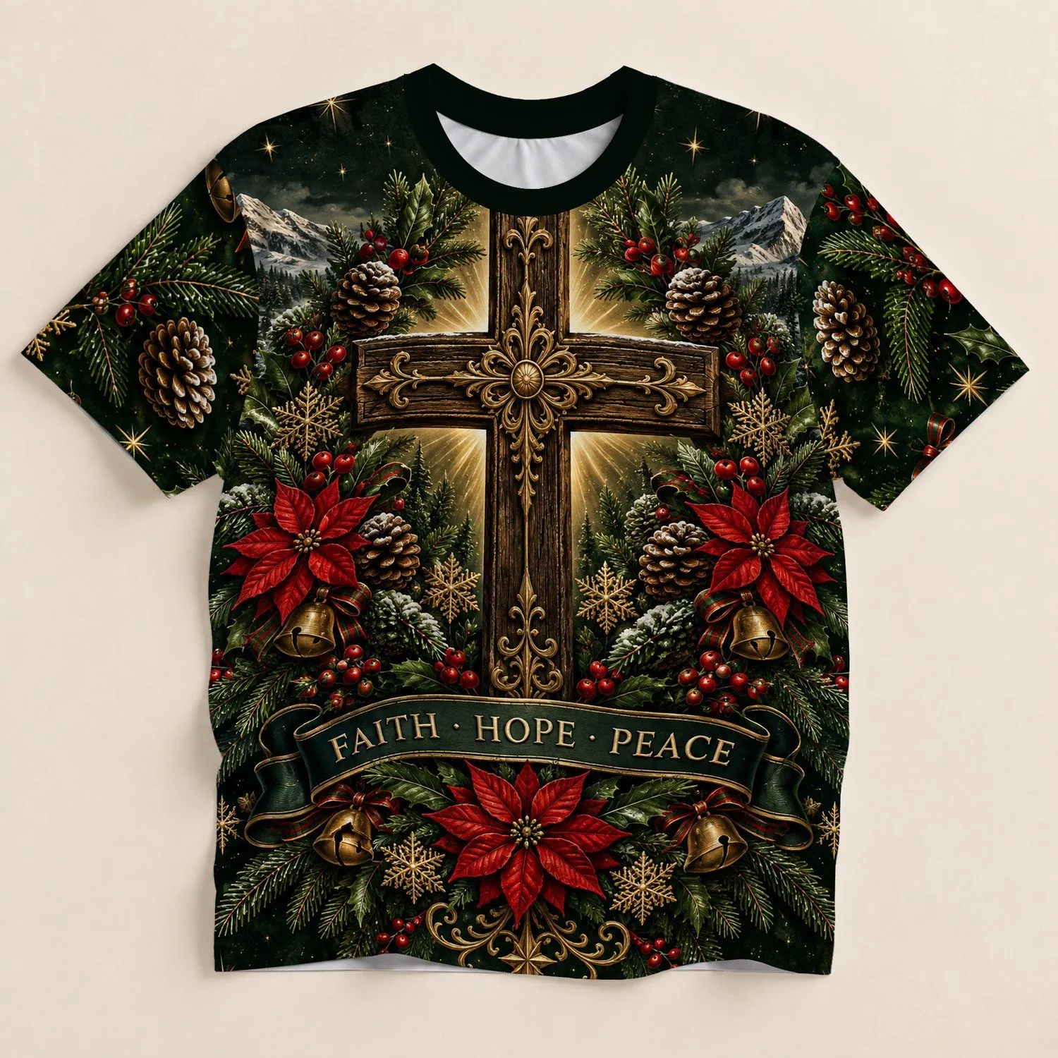 Evergreen Christmas Cross With Faith Hope Peace For Holiday Gatherings All-over Print Unisex T-shirt - 1