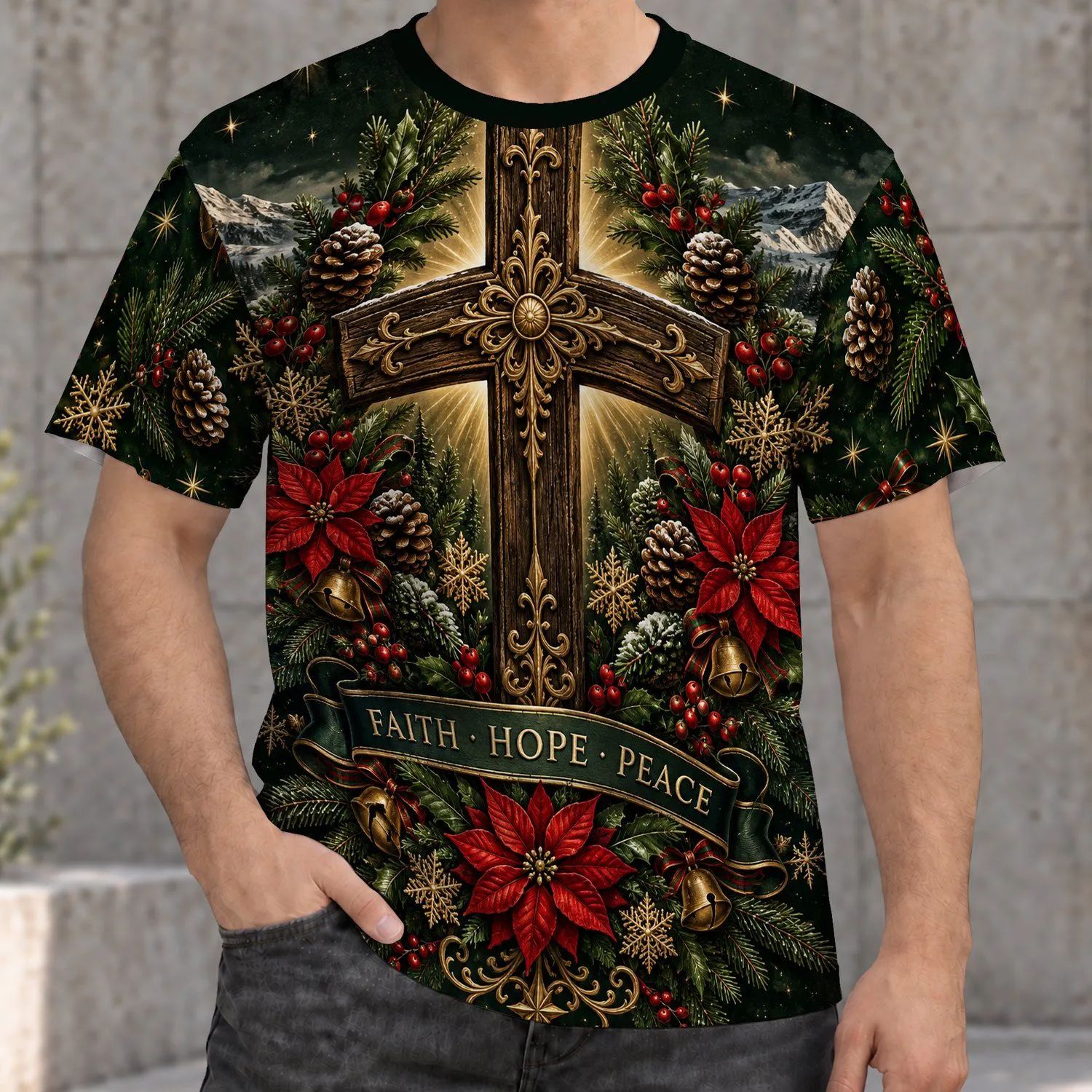Evergreen Christmas Cross With Faith Hope Peace For Holiday Gatherings All-over Print Unisex T-shirt - 1