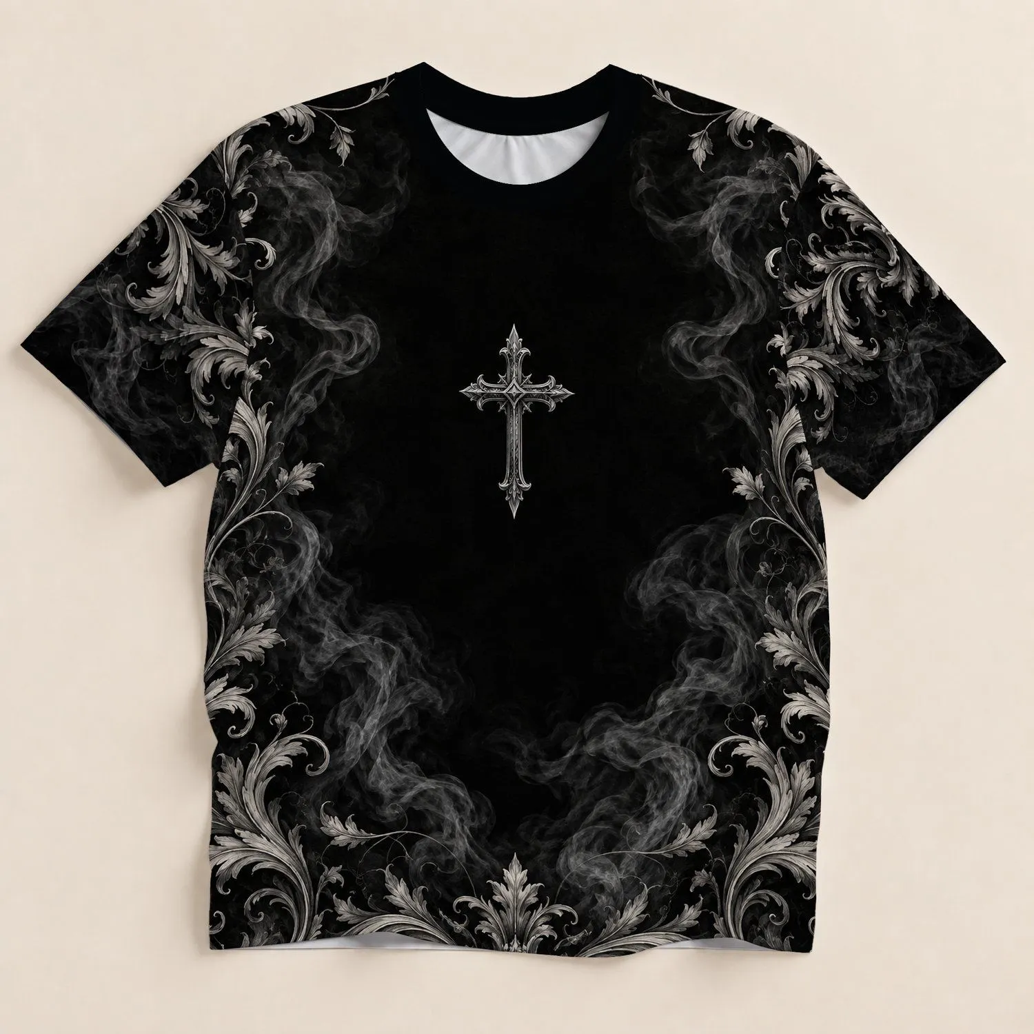 Gothic Silver Cross and Baroque Scrollwork for Dark Everyday and Evening Style All-over Print Unisex T-shirt - 1