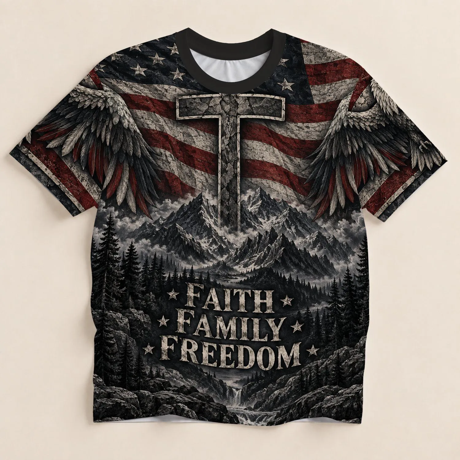 Faith Cross Mountain Eagle Scene for Patriotic Worship and Everyday Values Heritage All-over Print Unisex T-shirt - 1