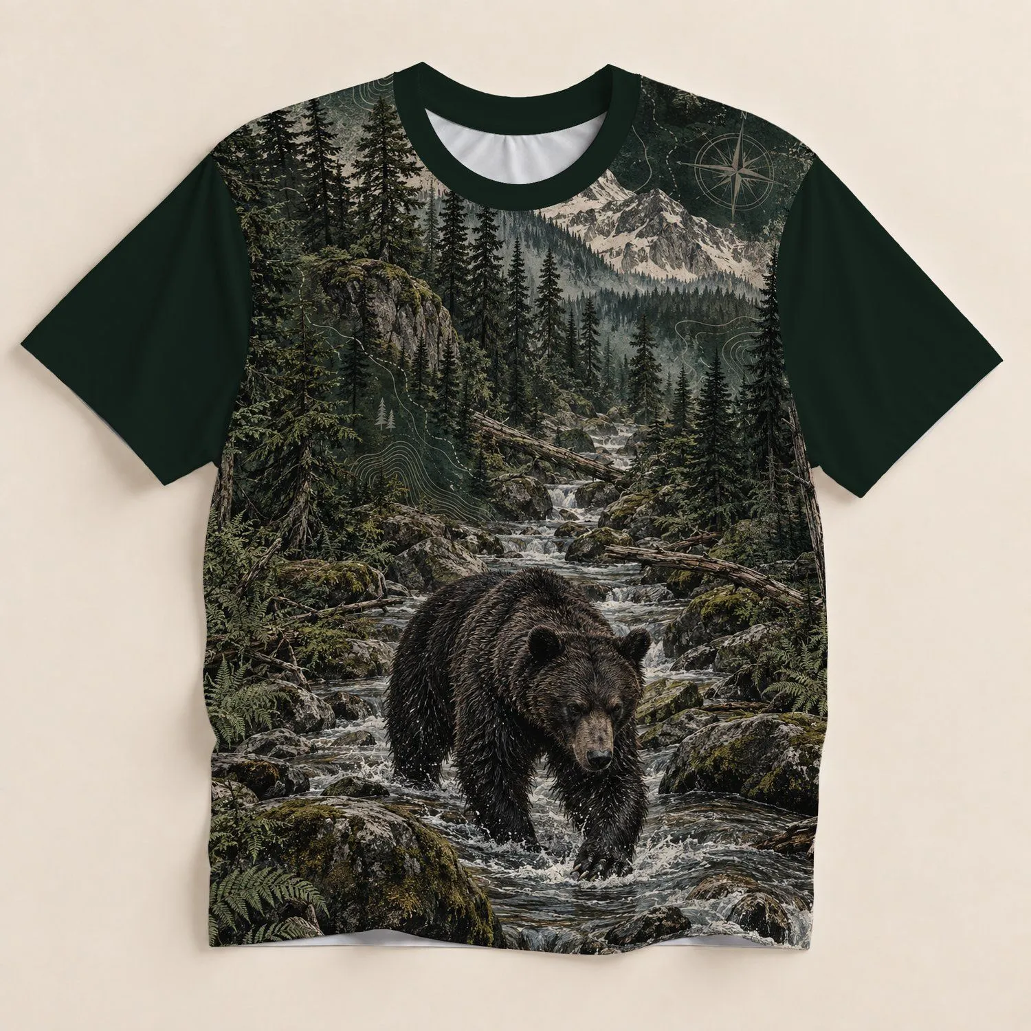 Creekside Bear and Forest Wilderness Scene for Hiking and Outdoor Adventures All-over Print Unisex T-shirt - 1