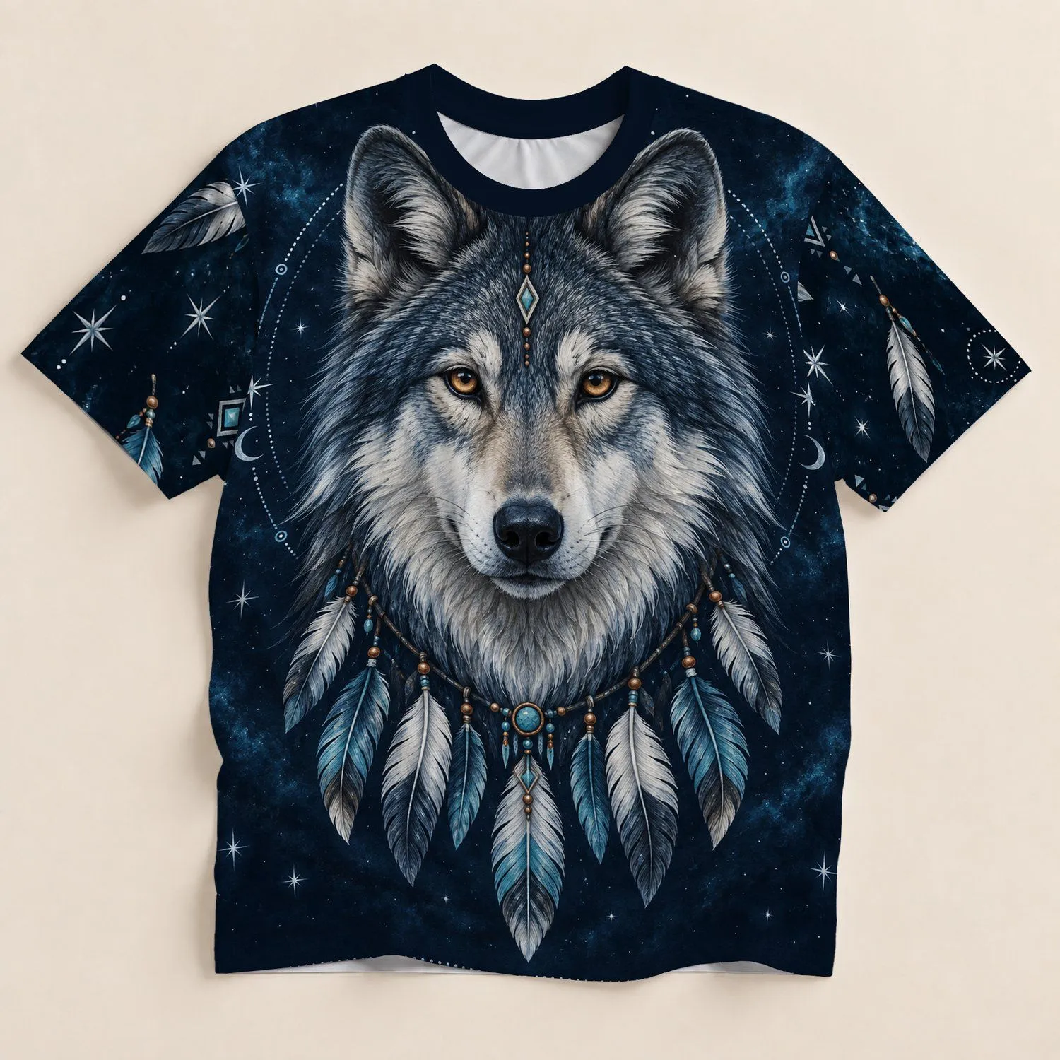 Wolf Portrait And Celestial Feathers For Bohemian Outdoor Adventures And Everyday Wear All-over Print Unisex T-shirt - 1