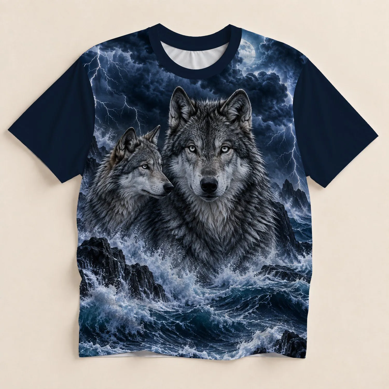 Storm Wolf Pair Under Lightning, A Moody Choice For Everyday Outdoor Adventures All-over Print Unisex T-shirt - 1