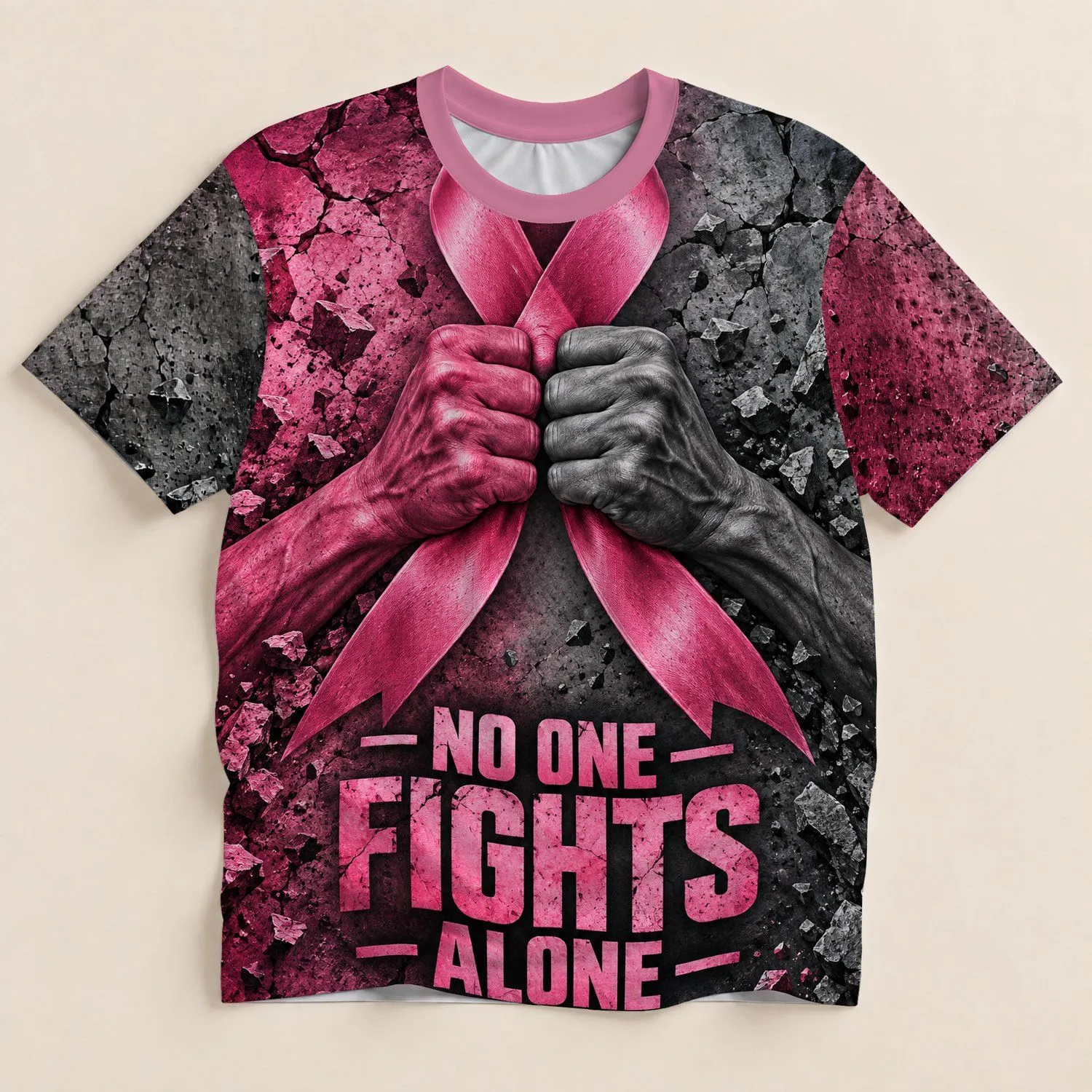 Pink Ribbon Fists Breast Cancer Support Awareness Gift For Survivors And Caregivers All-over Print Unisex T-shirt - 1
