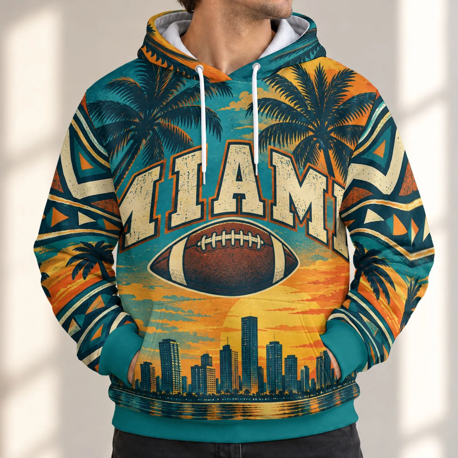 Miami Skyline, Palm Trees and Football for Coastal Weekends, Game Day and Casual Wear All-over Print Hoodie (Lightweight) - 1