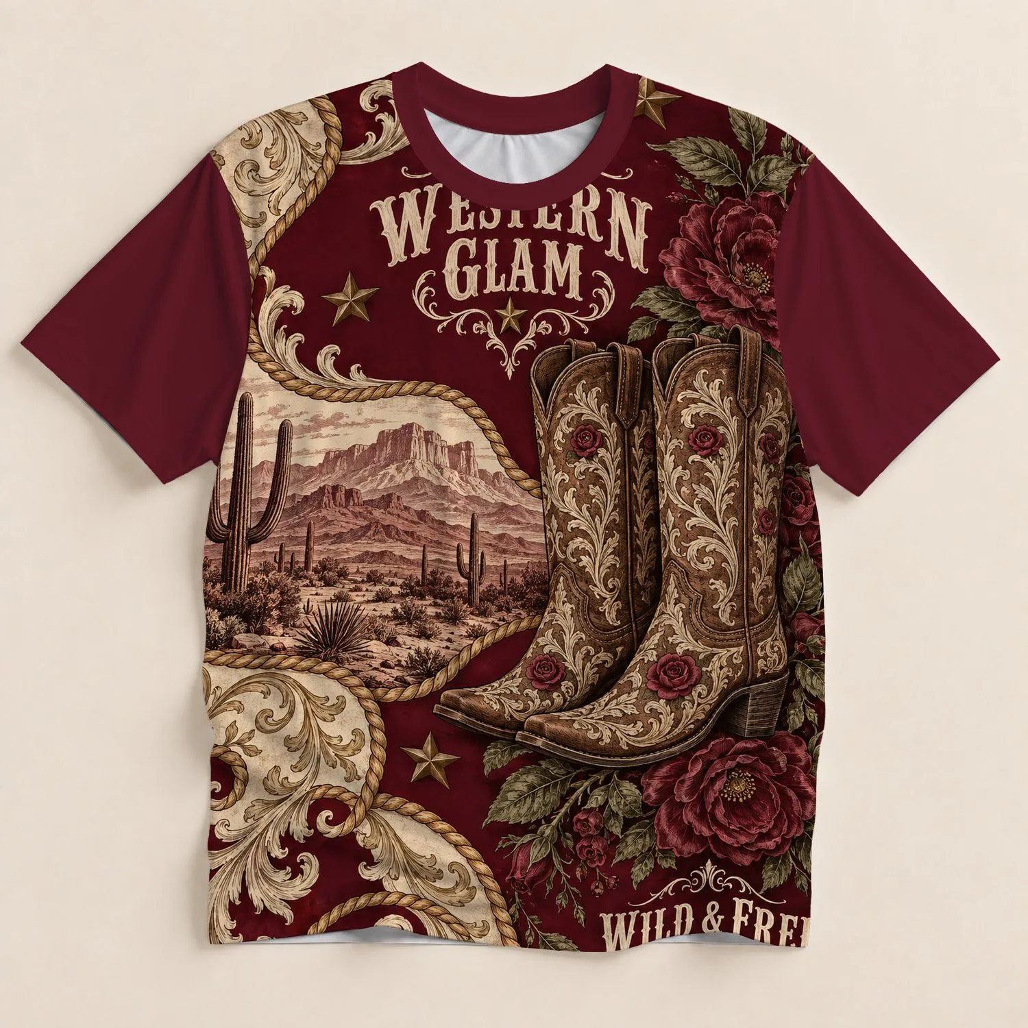 Western Cowboy Boots And Wild Roses For Rodeo Nights And Country Weekend Wear All-over Print Unisex T-shirt - 1