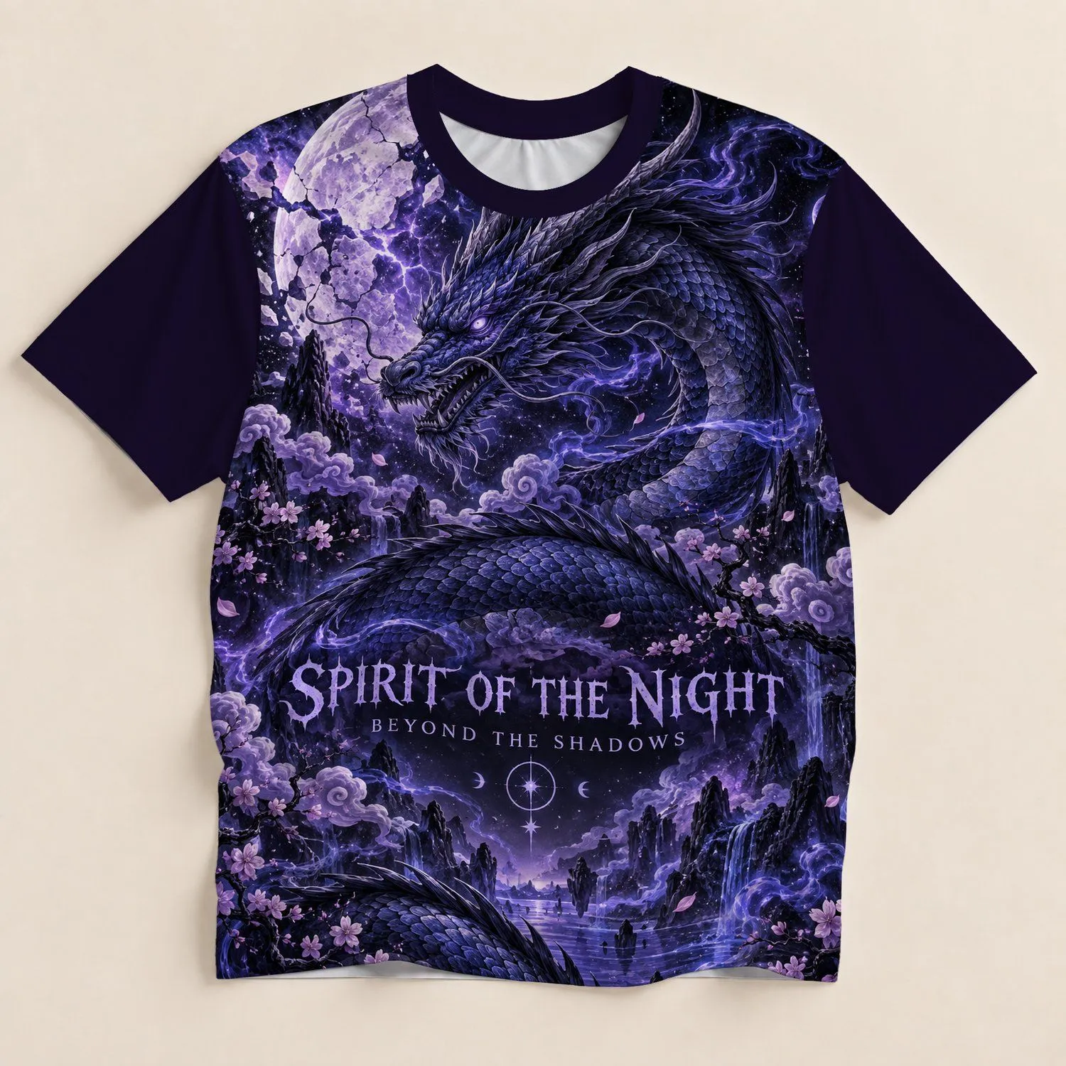 Violet Dragon Beneath a Shattered Moon for Fantasy Nights and Relaxed Everyday Wear All-over Print Unisex T-shirt - 1