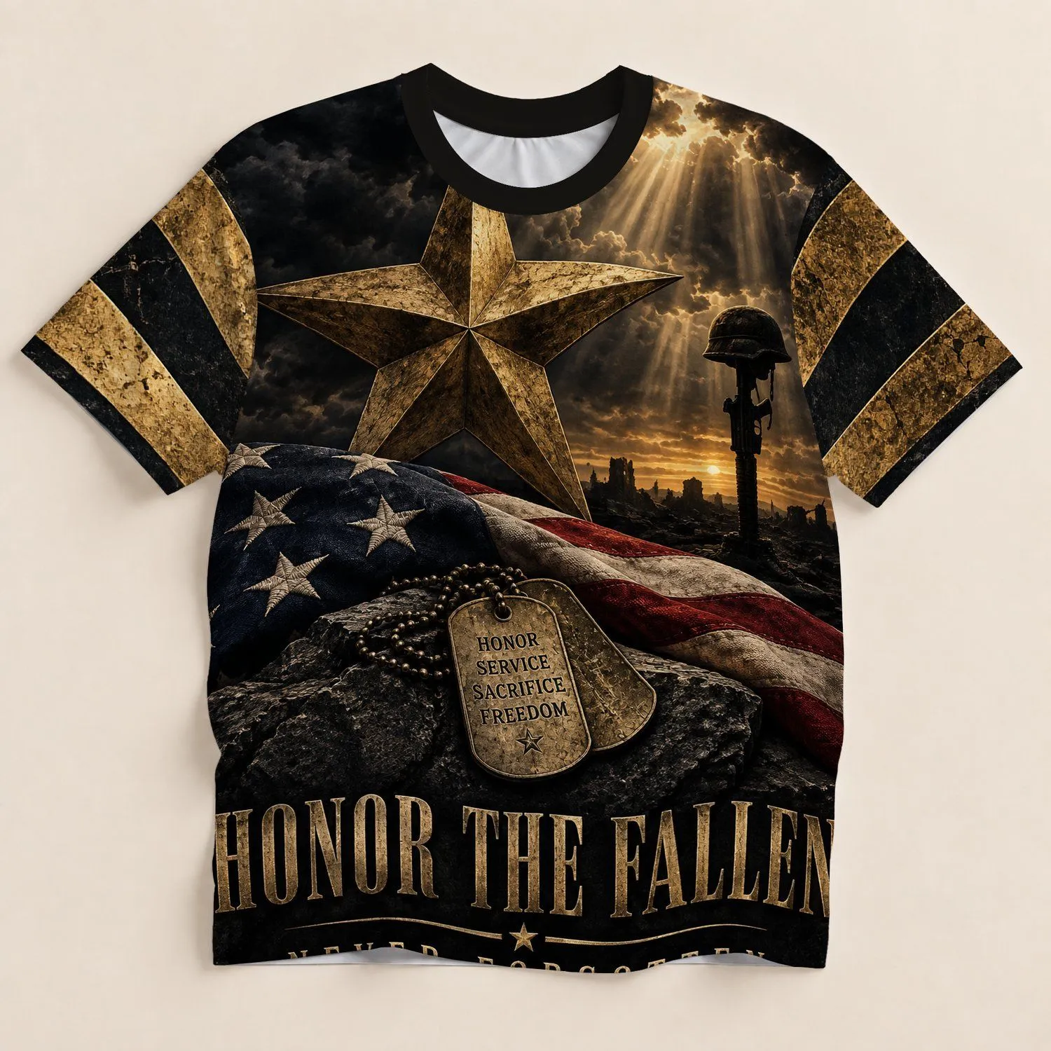 Memorial Star And Folded Flag For Veterans Day Remembrance And Patriotic Pride All-over Print Unisex T-shirt - 1