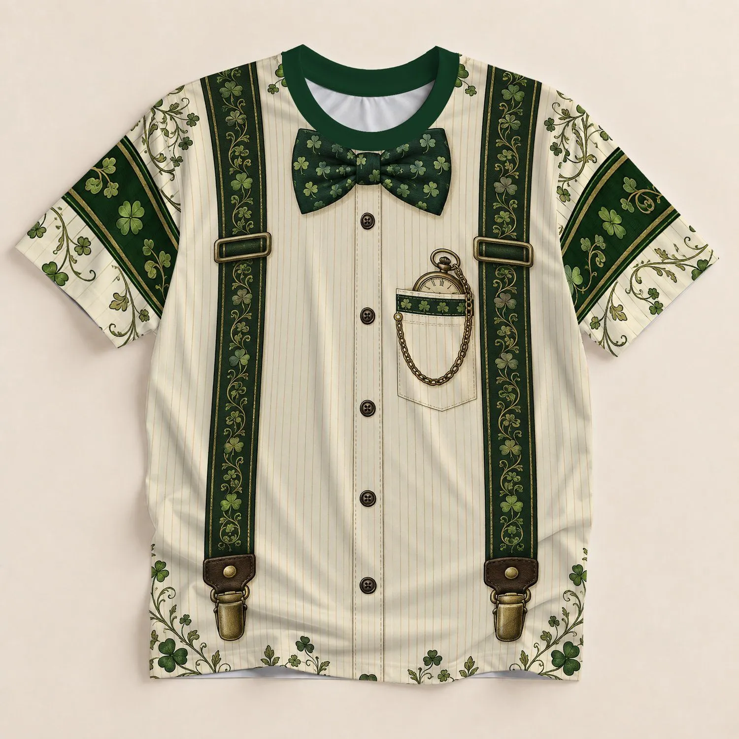 Vintage Shamrock Bow Tie and Green Suspenders for Irish St. Patrick's Day Festivities All-over Print Unisex T-shirt - 1