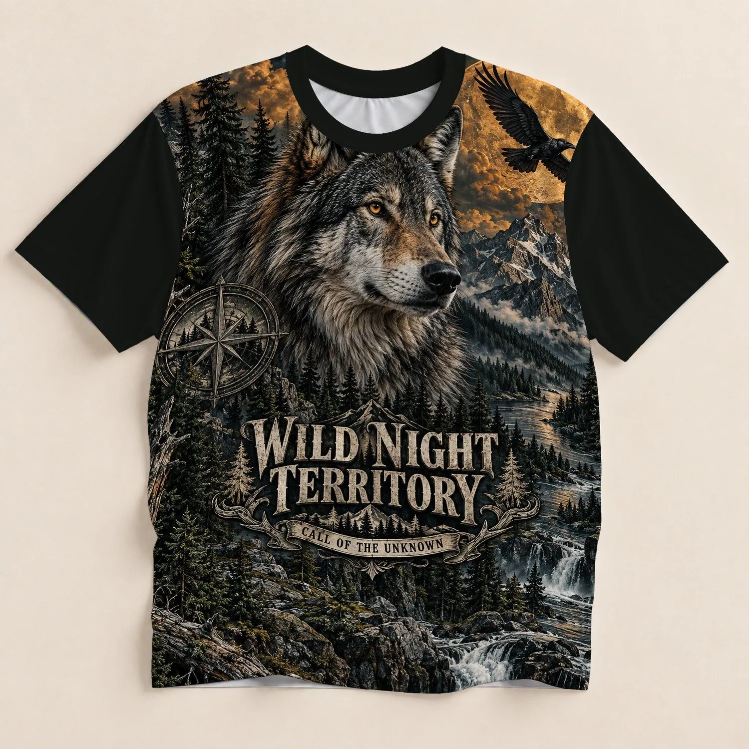 Wolf, Moonlit Forest and Mountain Wilderness for Outdoor Adventure Enthusiasts All-over Print Unisex T-shirt - 1