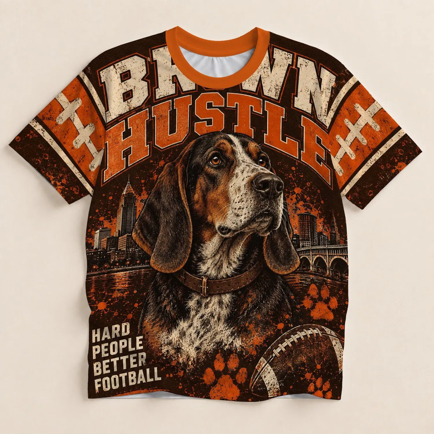 Brown Hustle Hound Football Spirit for Halloween, Game Day and Dog Lover Gifts All-over Print Unisex T-shirt - 1