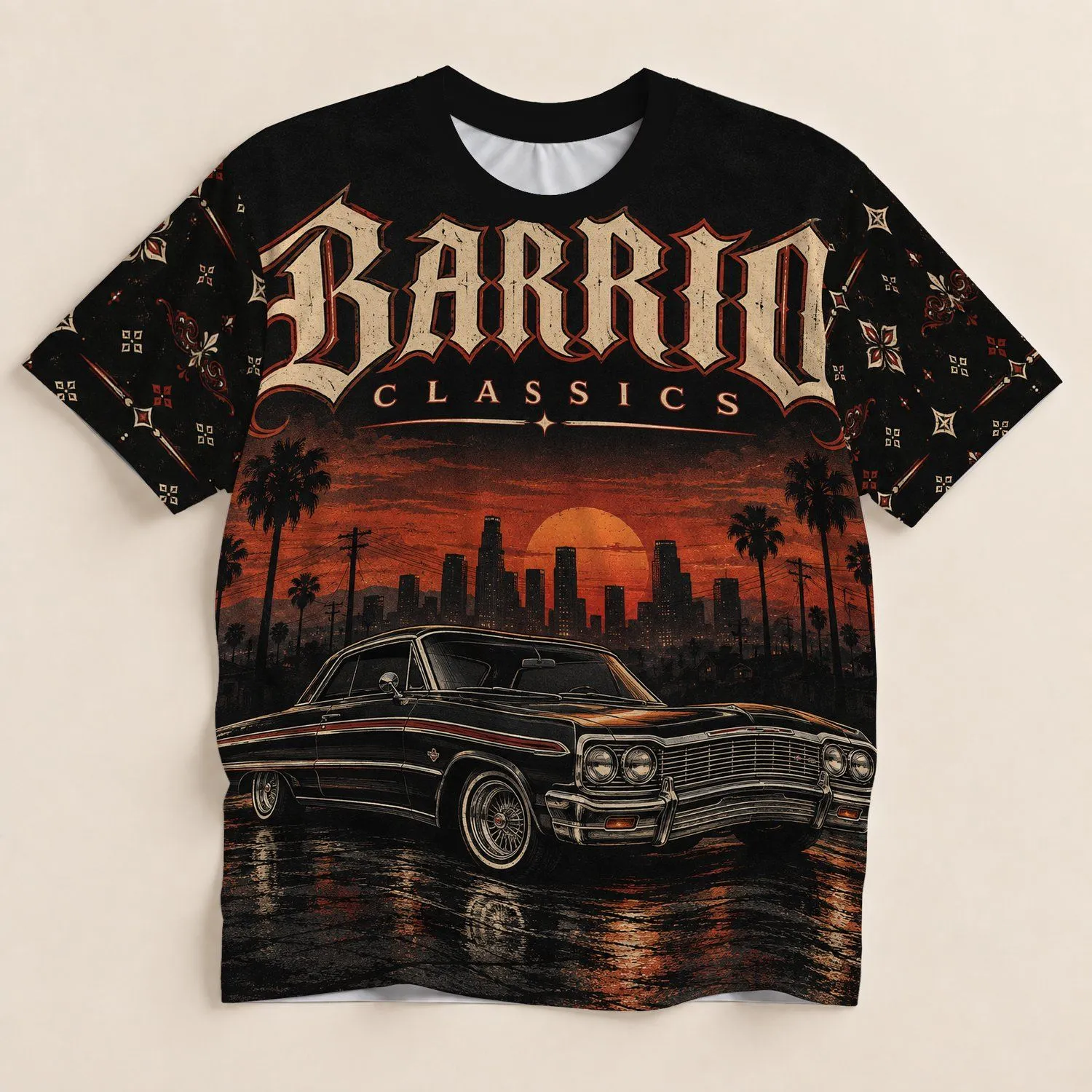 Classic Lowrider Coupe at Sunset for Cruising, Car Meets and Everyday Streetwear All-over Print Unisex T-shirt - 1