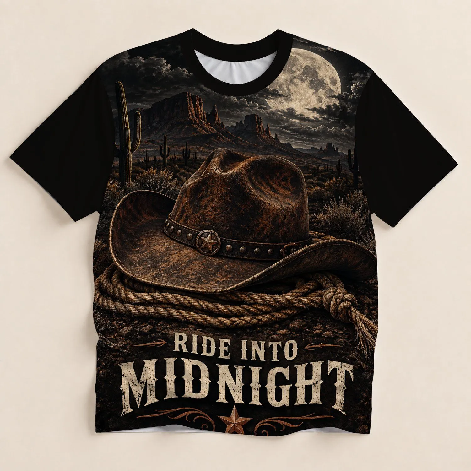 Moonlit Cowboy Hat and Desert Night for Western Ranchwear and Casual Country Style Wear All-over Print Unisex T-shirt - 1