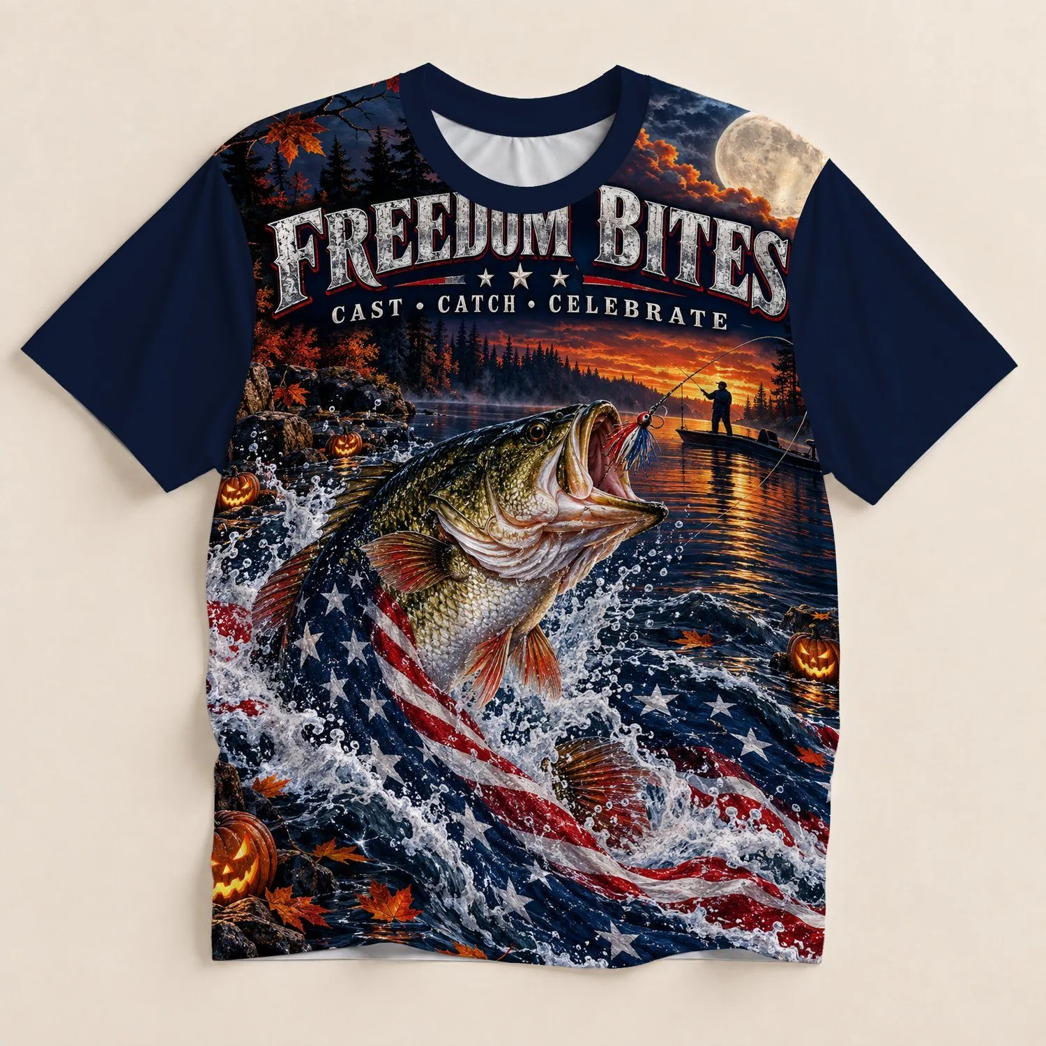 Patriotic Bass Fishing Under a Halloween Moon for Anglers and Outdoor Nights All-over Print Unisex T-shirt - 1