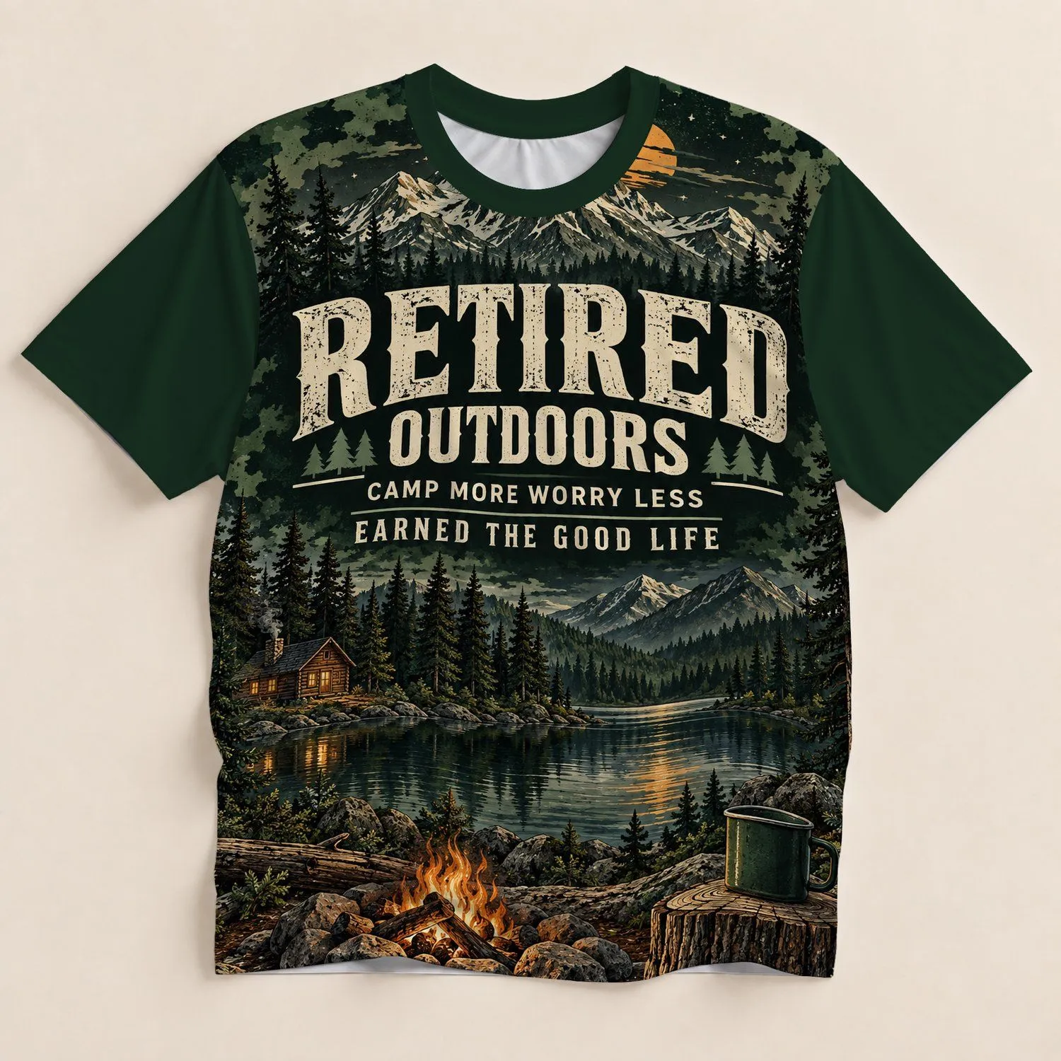 Retired Outdoors Mountain Campfire Scene for Relaxed Camping and Retirement Getaways All-over Print Unisex T-shirt - 1
