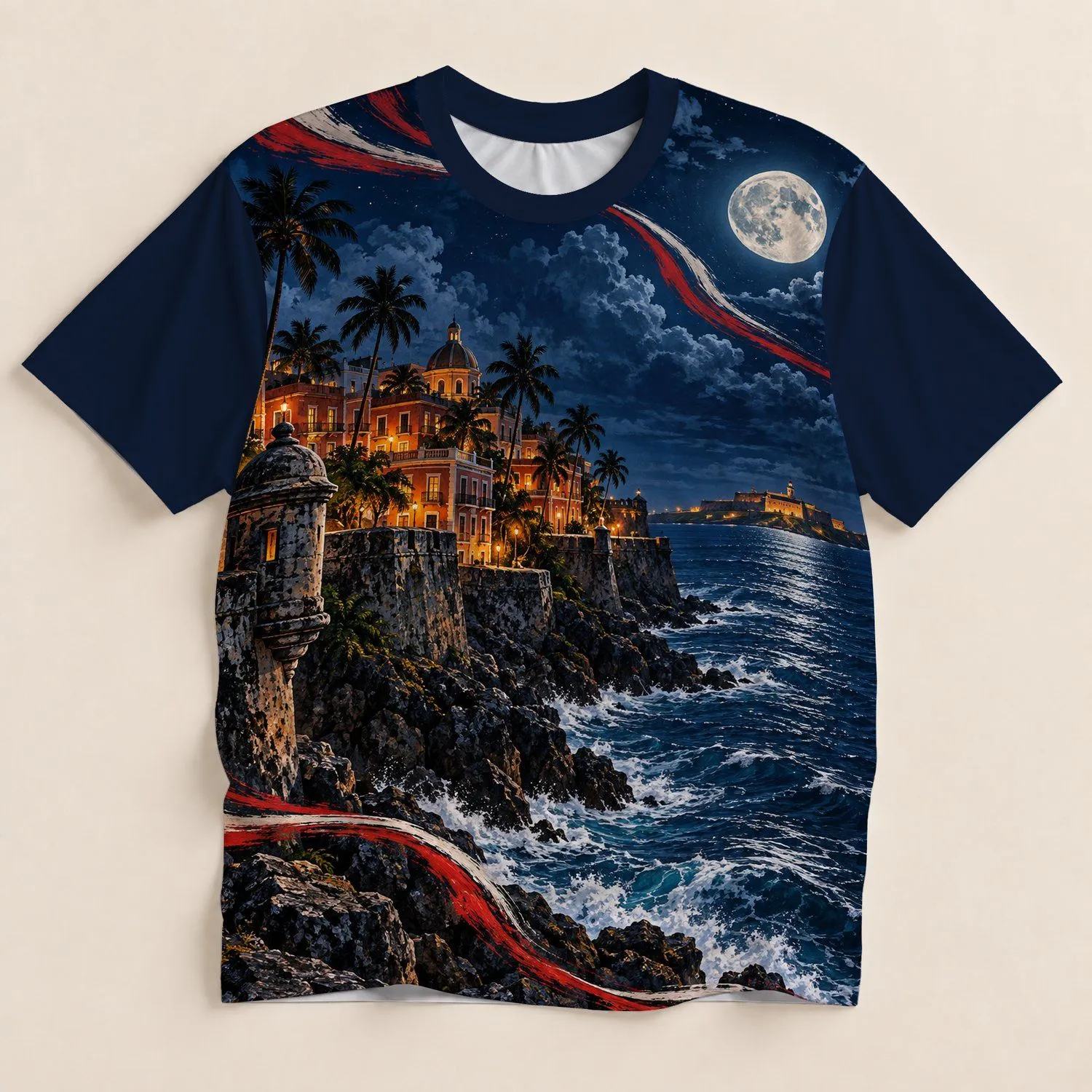 Moonlit Tropical Coastal Cityscape for Relaxed Summer Evenings by the Seaside All-over Print Unisex T-shirt - 1